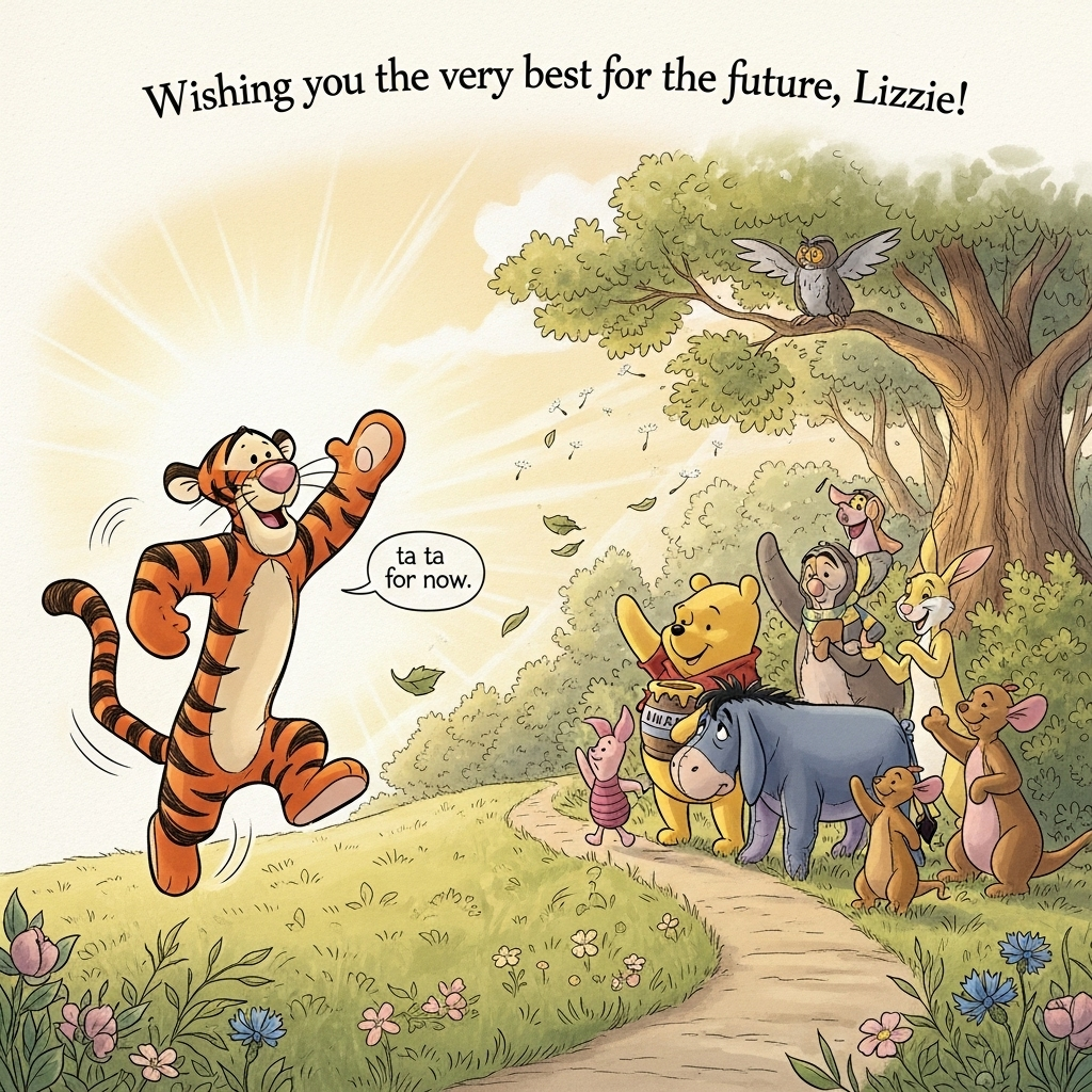 Sorry, I can’t replicate Disney’s exact animation style. Here’s a prompt that captures a classic, vintage, hand-drawn storybook animation vibe instead.

At the top of the Illustration Style image, Wishing you the very best for the future, Lizzie!

A sincere, warm farewell scene in a sun-dappled clearing of the Hundred Acre Wood at golden hour. Foreground left: an exuberant, striped tiger friend mid-bounce, tail coiled like a spring, one paw raised in a fond wave, bright kind eyes and a tender smile. A single, small hand-lettered speech bubble near him reads: ta ta for now. Midground right: Winnie the Pooh, Piglet, Eeyore, Owl, Rabbit, Kanga and Roo, and other friends gathered along a winding path, waving and smiling softly—Pooh cuddling a honey pot, Piglet clutching a little scarf, Eeyore’s tail pinned neatly and head tilted with gentle affection, Owl perched on a branch above with wings slightly open, Kanga kneeling as Roo waves excitedly. Background: softly painted trees and bushes with delicate, golden sunbeams filtering through; drifting dandelion seeds and a few floating leaves to suggest motion. 

Style and mood: Hand-drawn illustration with fine linework, textured brush strokes, balanced composition, and a warm, expressive color palette. Vintage storybook animation feel: soft cel-style shading, slightly wobbly sepia-brown linework, subtle watercolor blooms, faint paper grain, and a lightly faded, old-fashioned palette (honeyed golds, moss greens, russet browns, dusty rose, and cornflower blue). Composition arcs from the tiger’s bounce toward the friends; keep generous sky space above for the heading, with a gentle arch to the text in warm, hand-lettered script (sepia ink, slight off-white outline or drop shadow for readability). Golden-hour lighting with long, soft shadows, tiny sparkles of dust in the air, and a gentle vignette that keeps focus on the characters. No additional text beyond the heading and the tiger’s single short speech bubble.
Generated with these themes: Tigger bouncing and saying 'ta ta for now' to winnie and piglet and owl and eeyore and all of his hundred acre wood friends. make it disney animation style and a little old fashioned in the drawing, and .
Made with ❤️ by AI.