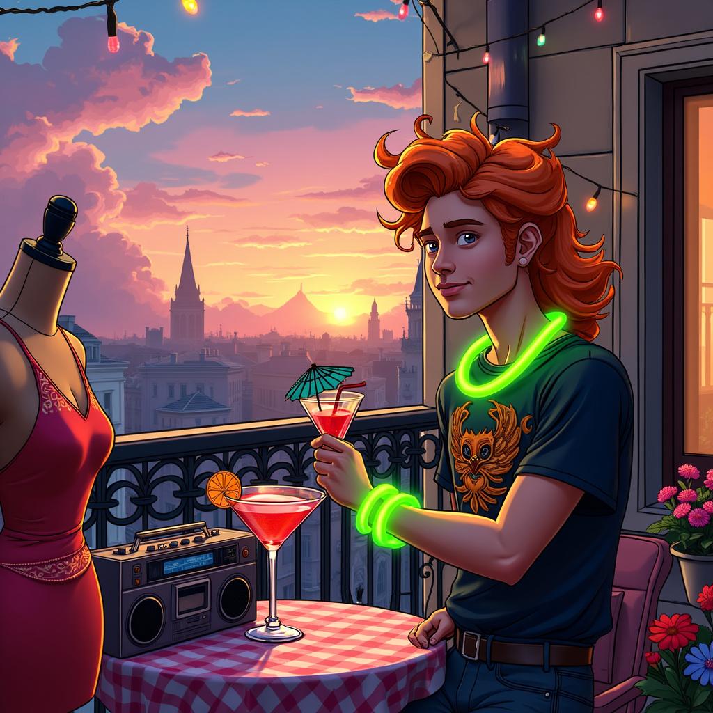 On a quirky, vibrant balcony in a bustling metropolitan city, set against the whimsical backdrop of a cartoon-styled twilight, sits a slender, strawberry blond man with a curly short mullet. Dressed in a dark 90s rave outfit, he sports neon green glow sticks adorning his wrists, paired with a vintage band t-shirt boasting vibrant patterns. Resting beside him on a small round table with a checkered tablecloth is a glass of Campari, delicately garnished with a small umbrella and a slice of orange perched on the rim. The air is filled with the eclectic sounds of music, emanating from a small, classic boombox on the table, where colorful musical notes dance above, visually representing a lively mix of techno beats and Vienna opera. To the left, a tailor's dummy showcases a striking red silky dress with intricate designs, complemented by dark-colored Japanese street style accessories, including chunky black boots and a stylish matching handbag. Above, the sky features fluffy clouds, with one whimsically spelling out 'Happy Birthday Pauli' in a swirling font formed entirely from the clouds. Colorful fairy lights are strung along the top of the balcony railing, and small potted plants with flowers that reflect the vibrant colors of the man's outfit add to the lively, festive atmosphere. 

Generated with these themes: A slender strawberry blond man with a curly short mullet, dressed for a dark 90s rave, sitting on a balcony, sipping a Campari drink and listening to a mix of techno and Vienna opera, alongside a tailor's dummy dressed in a red silky dress with Japanese street style accessories. Made with ❤️ by AI.