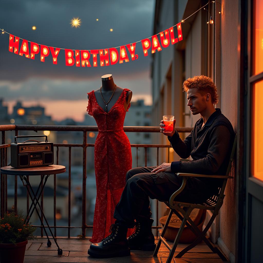 On a charming, slightly worn-out balcony, adorned with a mix of 90s grunge and vintage items, sits Pauli, a slender strawberry blond man with a curly short mullet. He is comfortably settled in a weathered metal chair with a lattice backrest, dressed in a dark 90s rave outfit that includes a black mesh shirt, cargo pants, and chunky combat boots. As he sips a vibrant red Campari, his gaze is relaxed, soaking in the atmosphere. To his left, a small, round metal bistro table supports a vintage portable radio, blending the lively sounds of techno beats with the elegance of Vienna opera, creating a quirky symphony that fills the air.

Hanging from the rusty railing of the balcony is a cheerful 'Happy Birthday, Pauli!' banner, crafted from colorful fabric letters that sway gently in the breeze, ensuring his name stands out prominently. Nearby, a tailor's dummy confidently showcases a stunning red silky dress, its intricate patterns inspired by Japanese street style in dark colors, glowing softly under the delicate fairy lights of the balcony. 

Beyond this intimate setting, the city skyline stretches out, showcasing high-rise buildings against a canvas of a starry night sky. Whimsical clouds above form shapes that subtly spell out 'Pauli,' as if nature itself were celebrating his birthday. A few twinkling stars add to the magical atmosphere, ensuring that Pauli's special day is uniquely memorable. 

Summary: A masculine slender strawberry blond man with a curly short mullet, dressed for a dark 90s rave, sits on a balcony sipping a Campari drink while listening to techno and Vienna opera, alongside a tailor's dummy dressed in a red silky dress influenced by Japanese street style in dark colors.  
Generated with these themes: A masculine slender strawberry blond man with a curly short mullet, dressed for a dark 90s rave, sitting on a balcony, sipping a Campari drink and listening to techno, Vienna opera, a tailor's dummy with a red silky dress, and Japanese street style in dark colors.  
Made with ❤️ by AI.