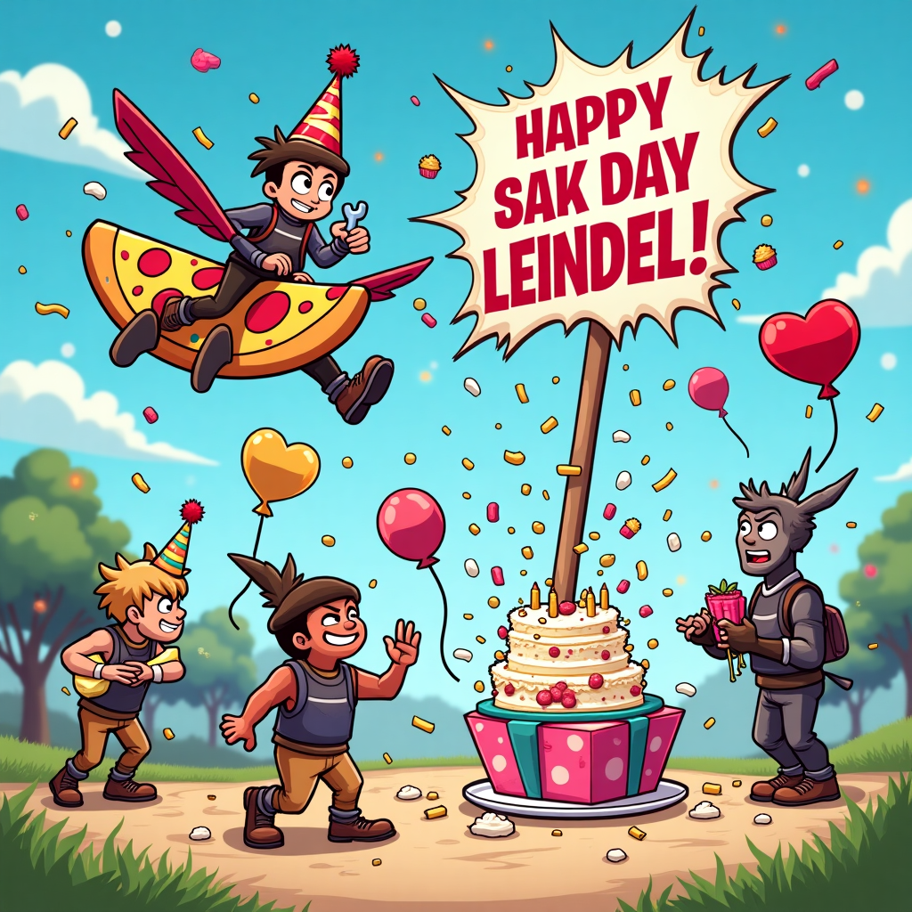 A birthday card with fortnite characters and the card says "HAPPY SAK DAY LEANDEL" Birthday Card