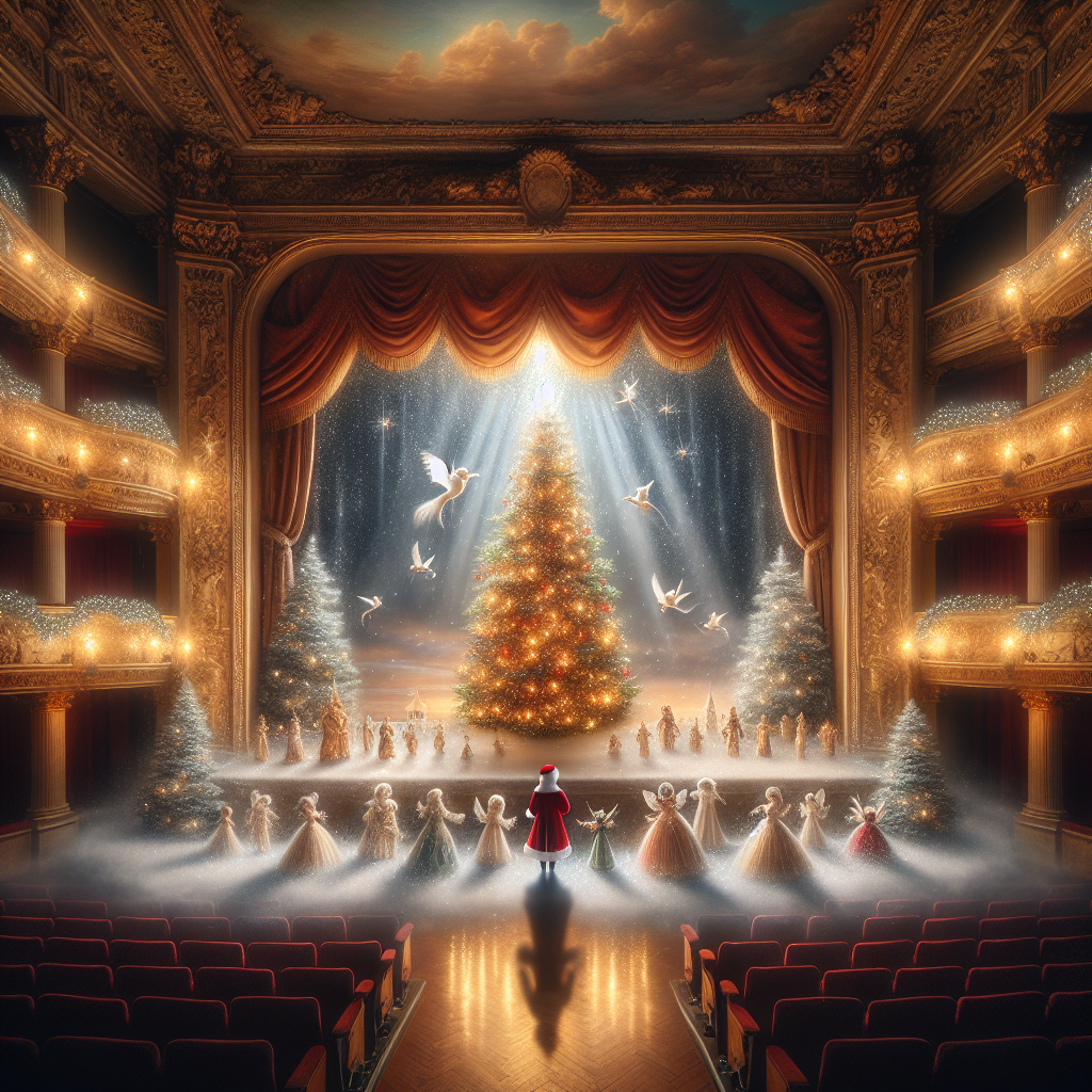 Immagina uno sfondo di un elegante teatro illuminato da luci soffuse, con un albero di Natale decorato sul palco. Puoi aggiungere dettagli come le luci scintillanti sull'albero, una leggera nevicata che cade fuori dalla finestra dietro le quinte e magari un gruppo di personaggi natalizi come Babbo Natale e le sue renne o un coro di angeli.  Sul centro dell'immagine, puoi inserire un caloroso messaggio di auguri di Natale, come ad esempio: "Auguri di Buon Natale! Che la magia di questa stagione riempia i vostri cuori di gioia e serenità." Christmas Card