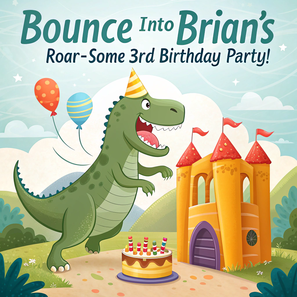 At the top of the image, "Bounce Into Brian's Roar-some 3rd Birthday Party!"

- Imagine a cartoon-style scene bursting with vibrant colors: a colossal, cheerful T-Rex wearing a party hat, joyfully bouncing on a bright, inflatable castle. 

- The T-Rex's tail playfully sways, and it wears an oversized, toothy grin, making it less intimidating and more delightful.

- In the foreground, a cake adorned with tiny, edible T-Rex toppers adds a sweet touch.

- Nearby, a cute, blue-eyed boy with light brown hair, wearing his own mini party hat, laughs gleefully, caught mid-bounce alongside the T-Rex.

- Balloons of various colors float around, enhancing the celebratory atmosphere.
Generated with these themes: Bounce Castle, T-Rex, Cake, Party Hat, Birthday White, Blue-eyed with light brown hair Boy, and .
Made with ❤️ by AI.