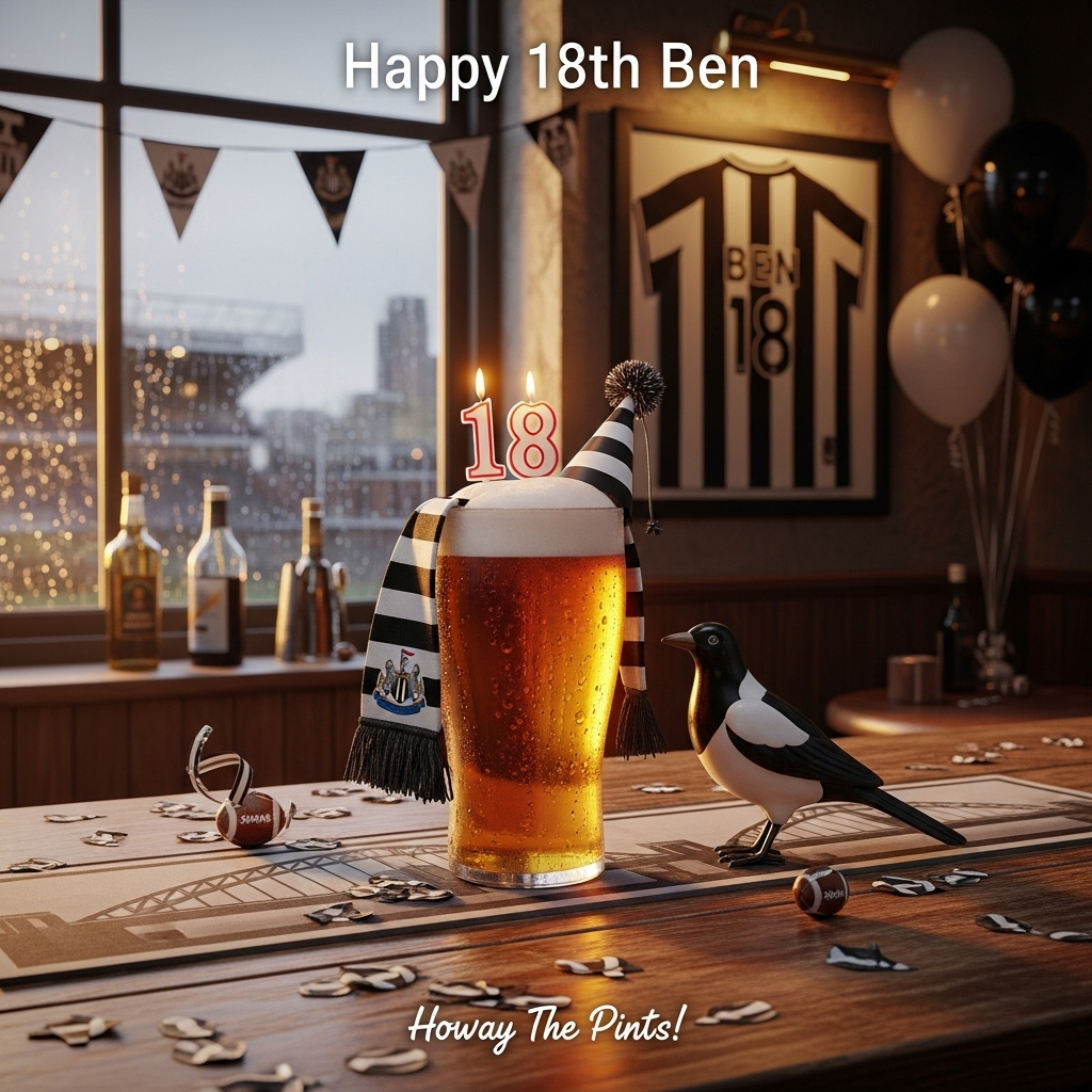 At the top of the Photorealistic picture taken from a camera image, the text "Happy 18th Ben"

Ultra-high-definition 4K UHD photograph with accurate lighting, lifelike textures, and rich depth of field. Scene: inside a lively Newcastle pub at golden hour. Foreground focus: a frosty pint of golden beer on a worn wooden bar, condensation beads and a thick foamy head. The pint “wears” a tiny black-and-white striped scarf (Newcastle United–inspired, no logos) and a matching mini party hat; a glowing “18” birthday candle sits playfully in the foam. A cheeky ceramic magpie bottle opener perches beside the glass as if eyeing the pint. Beer mats feature a subtle Tyne Bridge silhouette; small black-and-white football confetti sprinkled around. Background bokeh: rain-speckled window with a soft view of St James’ Park and city lights; on the wall, a framed black-and-white striped football shirt reading “BEN 18” (no crest), plus a few black-and-white balloons and streamers. Warm amber pub lighting, natural reflections, realistic shadows, crisp wood grain and fabric weave. Shot on a full-frame DSLR, 50mm lens, f/1.8, ISO 400, 1/125s, shallow depth of field, rich yet natural color grade, true-to-life textures, funny and celebratory mood.

Additional text: at the bottom center in small playful handwritten white text with a subtle drop shadow: “Howay the Pints!”
Generated with these themes: Newcastle united, Beer, and .
Made with ❤️ by AI.