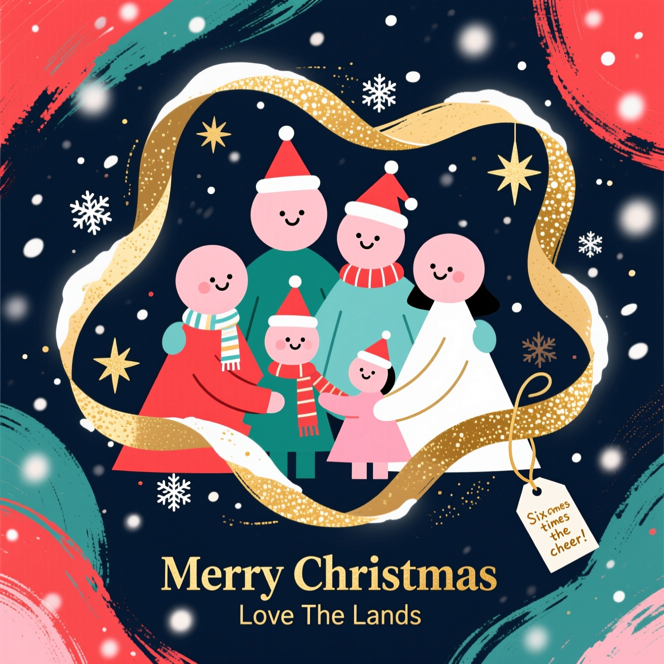 At the bottom of the Abstract Style image, Merry Christmas, Love The Lands

A cute, modern abstract Christmas scene in portrait (5x7), full-bleed. Bold abstract composition of geometric shapes and fluid curves, high-contrast colors, dynamic brush-stroke textures, polished and professional. Deep midnight-navy background with soft glowing bokeh and drifting snow-speckle paint. Centerpiece: six stylized family figures formed from overlapping circles, arches, and rounded triangles—two tall, two medium, two small—clustered in a gentle arc like a cozy hug. Minimal dot eyes and tiny curved smiles for charm; each wears a tiny triangle Santa hat or a ribbon-scarf swirl. A sweeping, fluid wreath of brushy ribbons and gold-flecked strokes loops around them, with starbursts and abstract snowflakes sprinkled through. Palette: candy-apple red, evergreen, icy teal, blush pink, bright white, and metallic gold accents against the deep navy for high contrast. Textures: energetic dry-brush swipes, soft gouache daubs, subtle paper grain, shimmering gold specks. Light: warm halo glow radiating from the group for a soft, cute mood. Main line at the bottom in elegant, modern lettering with a subtle gold-foil effect; keep text minimal so the large image dominates. Add a tiny playful caption on a dangling gift-tag shape near the lower right: “Six times the cheer!” (small, handwritten feel). No borders, no clutter—clean, refined, contemporary festive vibe.
Generated with these themes: 6 members of the family professional Christmas card , and .
Made with ❤️ by AI.