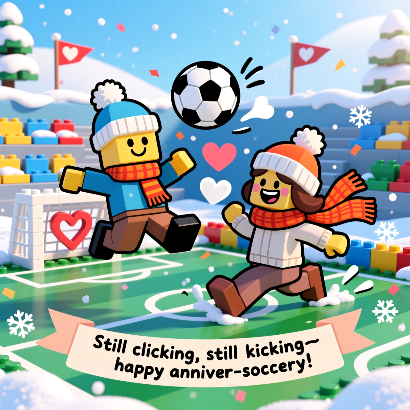 Playful cartoon, exaggerated proportions, thick black outlines, bright saturated colors, energetic poses. Vertical, full-bleed scene: a snowy toy-brick (LEGO-style) soccer pitch where a beaming blocky couple in cozy Nordic “vinter” pom-pom hats and bright scarves play a goofy match. One kicks a classic black-and-white ball mid-air; the other slides in with a huge grin, their scarves swooshing together to form a heart. Puffs of frosty breath make tiny heart shapes; motion lines, snowflake confetti, and a heart-shaped goal built from colorful bricks. Background: blocky bleachers with mini heart flags, crisp winter sunlight, soft blue shadows. Small on-image caption, friendly rounded hand-lettering on a curved ribbon near the bottom (one line): “Still clicking, still kicking—happy anniver-soccer-y!” Keep the caption clear and minimal; no other text.
Generated with these themes: Lego vinter hat soccer, and .
Made with ❤️ by AI.