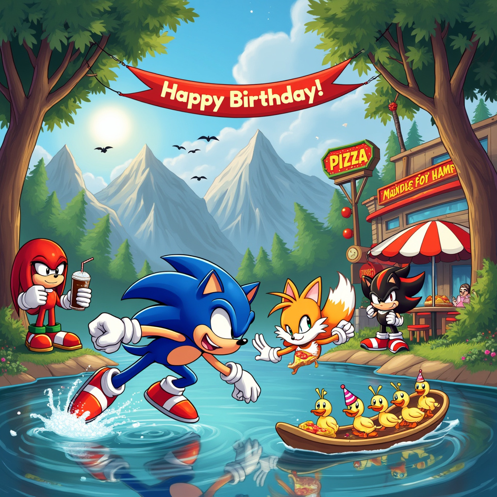 The front cover of the birthday greeting card features a whimsical and bustling scene brimming with action and humor, inspired by the styles of legendary cartoonists.

In the foreground, Sonic the Hedgehog is depicted in mid-dash, his iconic red shoes sending up sprays of lake water as he zooms across the scene. His spiky blue quills gleam under the bright sun, and a wide grin stretches across his face. To his right, Tails the Fox hovers in the air, his twin tails spinning like helicopter blades. He clutches a slice of pizza with a comically large bite taken out of it, his eyes wide with delight.

On the left side of the scene, Knuckles the Echidna stands at the edge of a crystal-clear lake, flexing his muscles triumphantly as he holds up a trophy labeled "Mountain Climbing Champion." The towering, snow-capped mountains behind him provide a dramatic backdrop, their peaks touching the sky.

In the background, the shadowy figure of Shadow the Hedgehog is seen lounging under the shade of a striped umbrella at a quirky pizza cafe that is nestled at the base of the mountains. The cafe has a retro design with neon signs and checkered tablecloths. Shadow nonchalantly sips a soda, his trademark red and black quills standing out against the lively scene. A large, colorful sign above the cafe reads "Pizzalicious."

The scene is framed by lush, green trees, and playful critters peek out from behind the trunks, adding a touch of whimsy. A small group of ducks waddles across the scene, one of them wearing a tiny birthday hat, a nod to the birthday theme.

Above it all, a banner strung between two trees reads "Happy Birthday!" in vibrant, festive letters. The sky is a bright blue with fluffy white clouds, and a flock of birds can be seen flying in the distance, adding a touch of serenity to the otherwise action-packed scene.

This detailed and lively tableau combines the themes of Sonic, Tails, Shadow, swimming, mountains, a pizza cafe, Knuckles, and a lake into a single, cohesive and entertaining birthday card cover that will delight fans and birthday celebrants alike.
Generated with these themes: Sonic hedgehog, Tails fox, Shadow hedgehog, Swimming, Mountains, Pizza cafe, Knuckles, and Lake.
Made with ❤️ by AI.
