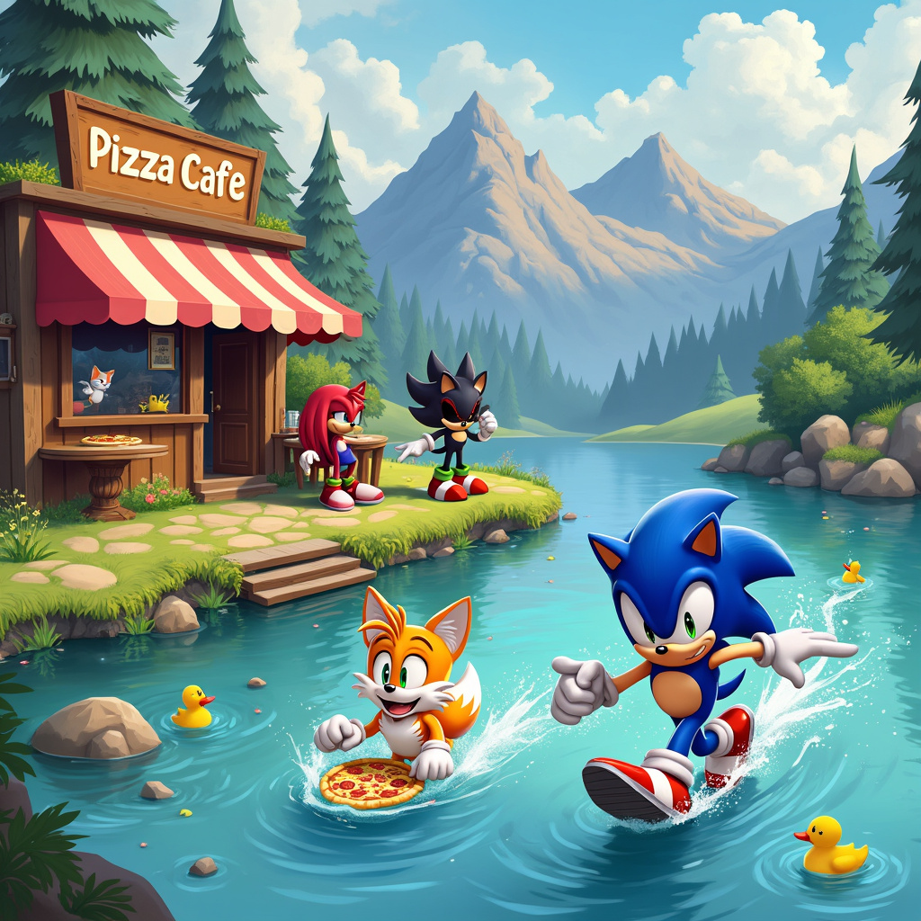Sonic hedgehog, Tails fox, Shadow hedgehog, Swimming, Mountains, Pizza cafe, Knuckles, and Lake Birthday Card