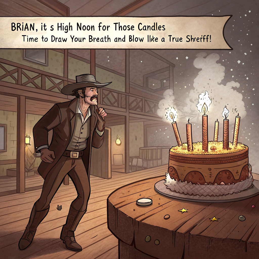 At the top of the image, "Brian, it’s high noon for those candles—time to draw your breath and blow like a true sheriff!"

- Create a realistic photograph-style image featuring a wild west saloon setting.
- Centered in the image, show a rugged cowboy who closely resembles John Wayne, wearing a classic hat and sheriff badge, dramatically facing off against a massive birthday cake shaped like a tumbleweed, with flickering candles like dynamite sticks.
- In the background, there's a dusty wooden town street, and a "Happy Birthday" banner hangs wonkily above the swinging saloon doors.
- The cake is set on a barrel, and instead of spurs, the cowboy has birthday balloons tied to his boots.
- A nearby horse peeks in the saloon window, wearing a party hat.
Generated with these themes: John Wayne .
Made with ❤️ by AI.