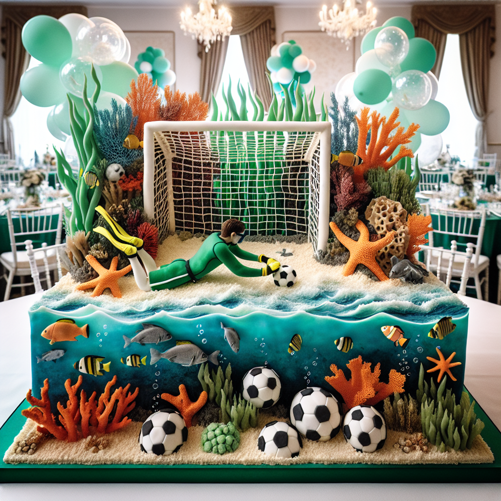 Imagine a birthday celebration setup that reflects a creative fusion of scuba diving and football themes. The centerpiece of this arrangement is an intricately designed cake. On the cake, there is a goalpost entwined within vibrant coral and an array of sea creatures. Peeking from the waves, is a goalkeeper performing a dive in an attempt to block a soccer ball. The surrounding room encapsulates the ambiance of an underwater landscape, with transparent balloons symbolizing air bubbles and green tablecloths implying seaweed. As a finishing touch, miniature figurines of scuba divers clad in goalkeeper attire act as table decorations, perfectly aligning with the unique and detailed theme of the event. This setup pays tribute to the birthday individual's extraordinary love for both scuba diving and football.
Generated with these themes: Scuba diving , and Goal keeping.
Made with ❤️ by AI.