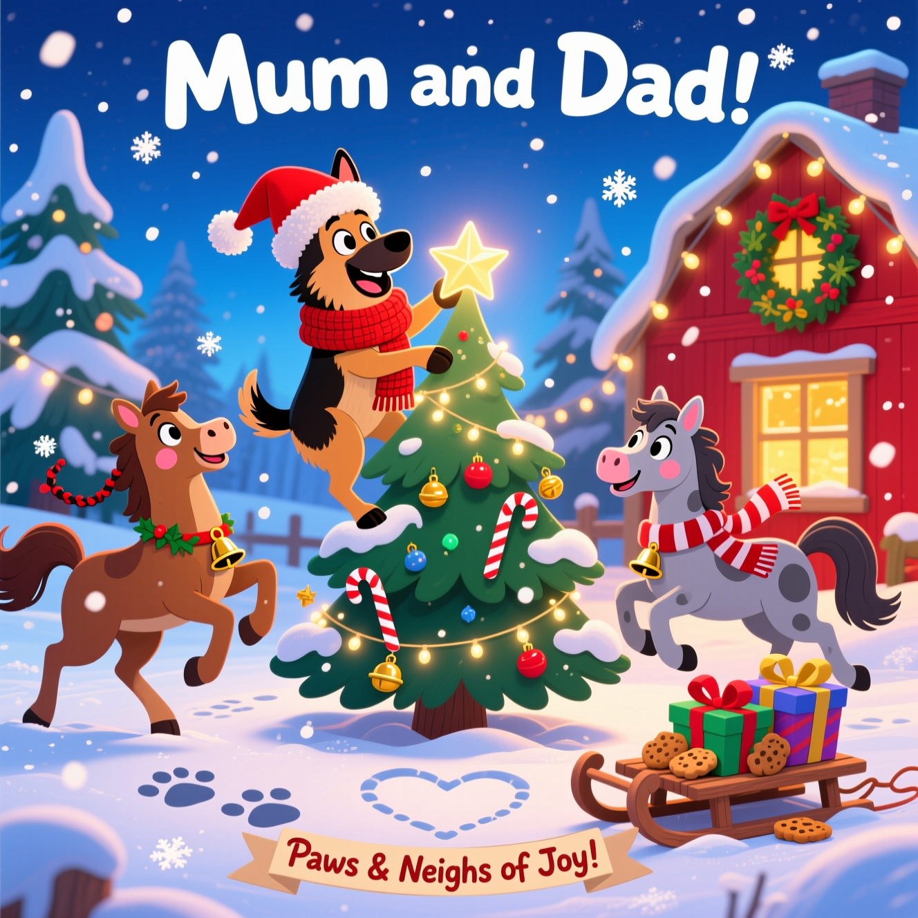 At the top of the Cartoon Style image, “Mum and Dad”

A cute, playful Christmas Cartoon Style scene with exaggerated proportions, thick bold outlines, bright saturated colors, and whimsical, energetic poses: a beaming German Shepherd in a fluffy red Santa hat and oversized knit scarf balances on hind legs to place a glowing star atop a snowy, ornament-laden pine tree. Two cheerful horses (one chestnut, one dapple gray) prance on either side, big sparkling eyes and rosy cheeks, candy-cane striped scarves fluttering, little jingle bells on their bridles, manes braided with holly and twinkling fairy lights. Fresh snow falls in chunky, sparkly flakes; pawprints and hoofprints curl together into a heart shape in the foreground. A wooden sled piled with brightly wrapped gifts and dog biscuits sits nearby. Background: a cozy red barn with a wreath and warm golden window glow, string lights draped between snowy firs under an icy blue evening sky. High-contrast, glossy highlights, soft ambient glow and gentle rim light, super-cute expressions, vibrant candy reds, holly greens, icy blues, and warm golds for an irresistibly festive, adorable finish. At the bottom, in a small ribbon banner, playful hand-lettering: “Paws & Neighs of Joy!”
Generated with these themes: German shepherd, Horses , and .
Made with ❤️ by AI.