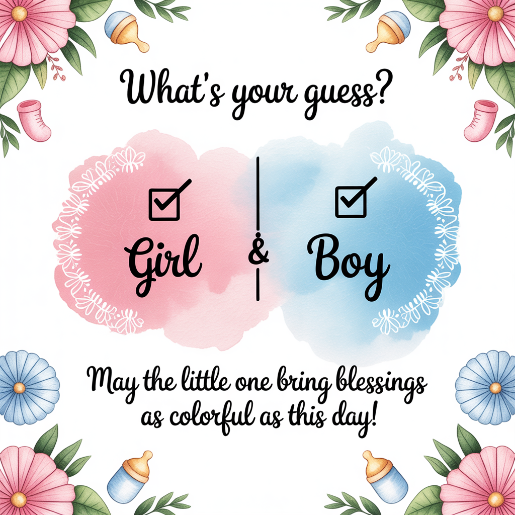 Create a baby shower gender guessing card in pastel pink and blue colors, with Indian-inspired floral borders or mandala design. Title: ‘What’s Your Guess?’ Include two checkboxes: ‘Girl’ and ‘Boy’. Add space for the guest's name and a blessing or message. Keep the design festive and traditional but minimal. Do not include any gender reveal announcement. Add soft baby-themed illustrations (like rattles, bottles, booties).”, and New-baby Card