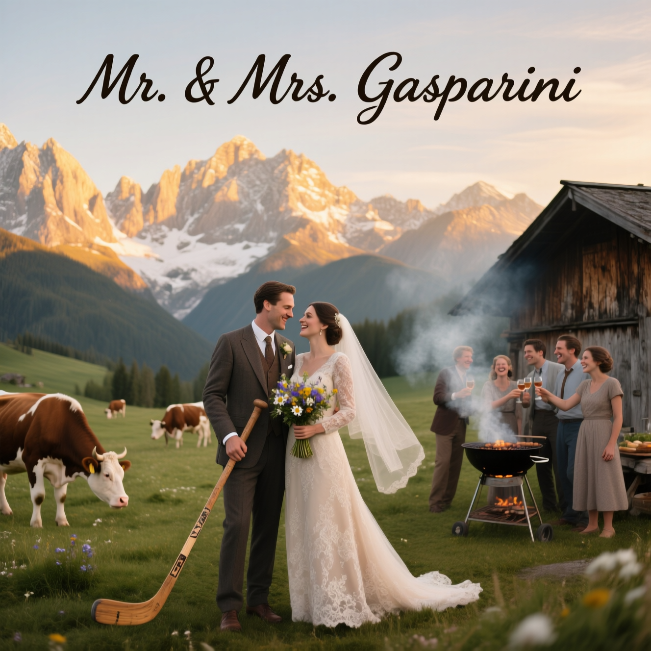 Mountains, Austria, cows, hockey, BBQ, and Wedding Card