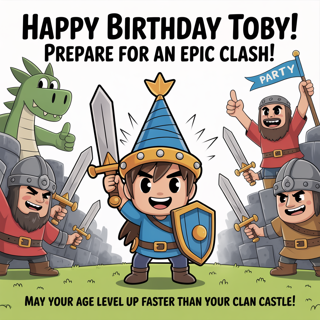 At the top of the image, "Happy Birthday Toby! Prepare for an Epic Clash!"

Add at the bottom of the image, "May Your Age Level Up Faster Than Your Clan Castle!"

- Illustrate a vibrant cartoon scene where Toby, depicted as a playful, chibi-style warrior, is bravely standing amidst an exaggerated, animated battlefield with comically oversized swords and shields clashing around him.
- Include whimsical characters like a friendly dragon giving a thumbs up and a barbarian cheerfully waving a party flag.
Generated with these themes: Clash of Clain, and .
Made with ❤️ by AI.