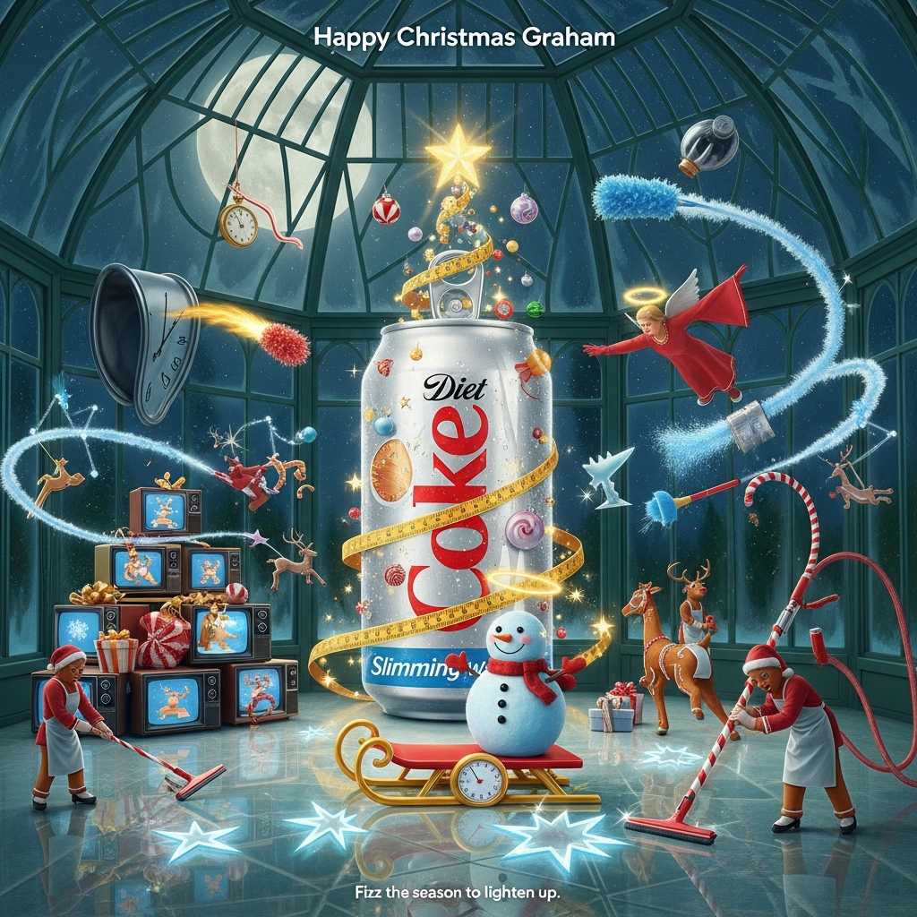 At the top of the Surreal Style image, Happy Christmas Graham

A dreamlike, Dali-inspired Christmas night inside a glass conservatory whose frosted panes gently sag like melting clocks; moonlight pours through, scattering ethereal bokeh over everything. In the center, a towering silver Diet Coke can unfurls into a sparkling Christmas tree: the pull-tab becomes a twinkling star, fizz-bubbles drift upward as glowing baubles, a caramel-cola ribbon spirals like a garland. Around it, a playful nod to Slimming World: golden measuring tapes float as a halo, a cheerful snowman balances on a sleigh-shaped set of scales, smiling, with a wreath of tiny tape-measure leaves. Cleaning magic swirls through the scene—comet-like feather dusters sweep pine-needle constellations across the air, a candy-cane hose vacuum glides like a reindeer, and a red rubber-glove angel perches atop the tree. To one side, a pyramid of retro TVs wrapped like presents; some screens play looping “snow” that escapes the glass and becomes real flakes, others show tinsel-jumping reindeer doing merry micro-workouts. Gingerbread helpers in aprons skate on a reflective floor, squeegeeing the glass into crystal-clear star shapes. Reflections shimmer, colors glow in icy teal, silver, cola-caramel, peppermint red, and soft gold; unexpected forms melt and float in a weightless, otherworldly, funny, festive mood. Render the title as frosted condensation lettering across the conservatory glass, luminous and crisp.

At the bottom in tiny playful type, add: Fizz the season to lighten up.
Generated with these themes: Conservatory, diet coke, slimming world, cleaning, tv, and .
Made with ❤️ by AI.