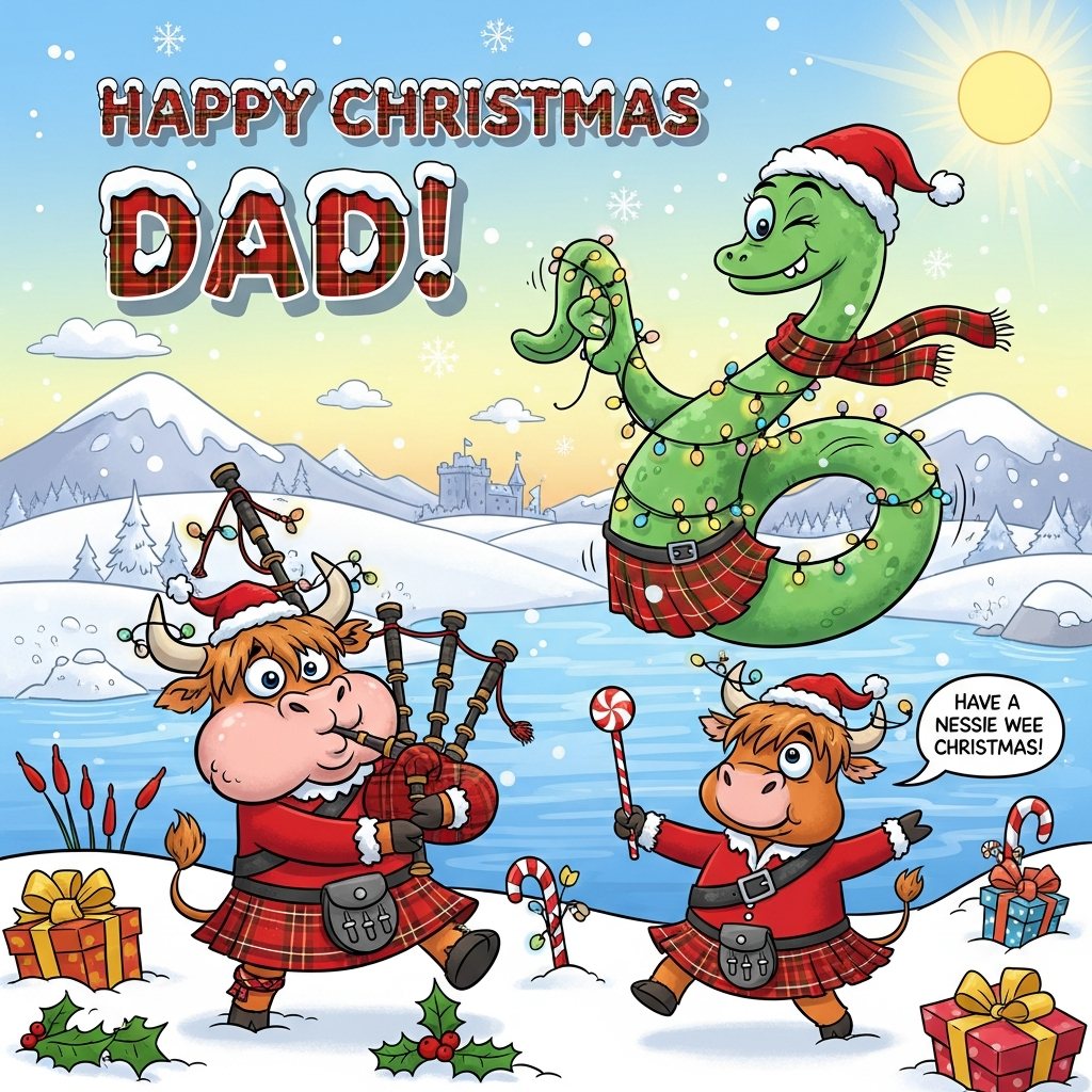 At the top of the Cartoon Style image, Happy Christmas Dad!

Funny, festive vertical cartoon scene set on the snowy Scottish Highlands by Loch Ness. Exaggerated, playful characters with thick black outlines and bright saturated colors. In the foreground, two fluffy ginger Highland cows with huge googly eyes and shaggy fringes wear bold red tartan kilts and tiny sporrans. One cow blasts oversized plaid bagpipes, cheeks puffed comically, while the other prances with a candy cane baton; both wear wonky Santa hats. Twinkling fairy lights tangle around their horns and swoop across the scene.

From the icy-blue loch, a cheeky, bright-green Nessie pops up in an energetic S-curve, winking, draped in glowing fairy lights and baubles. Nessie wears a Santa hat, a tartan scarf, and a comically strapped tartan kilt around one loop of her body. Snowflakes sparkle in the crisp air; rolling white hills and a distant stone castle sit under a golden winter sun. Gift boxes half-buried in snow, holly sprigs, and candy canes add extra festive pops of color. Lively motion lines and soft shading keep everything bouncy and fun.

Make the main text big and bold with a tartan pattern and snowy frosting, casting a soft drop shadow for readability.

Small extra text (one line): a speech bubble from Nessie saying: Have a Nessie wee Christmas!
Generated with these themes: Scotland, Nessie, Highland Cows, Kilt, and .
Made with ❤️ by AI.