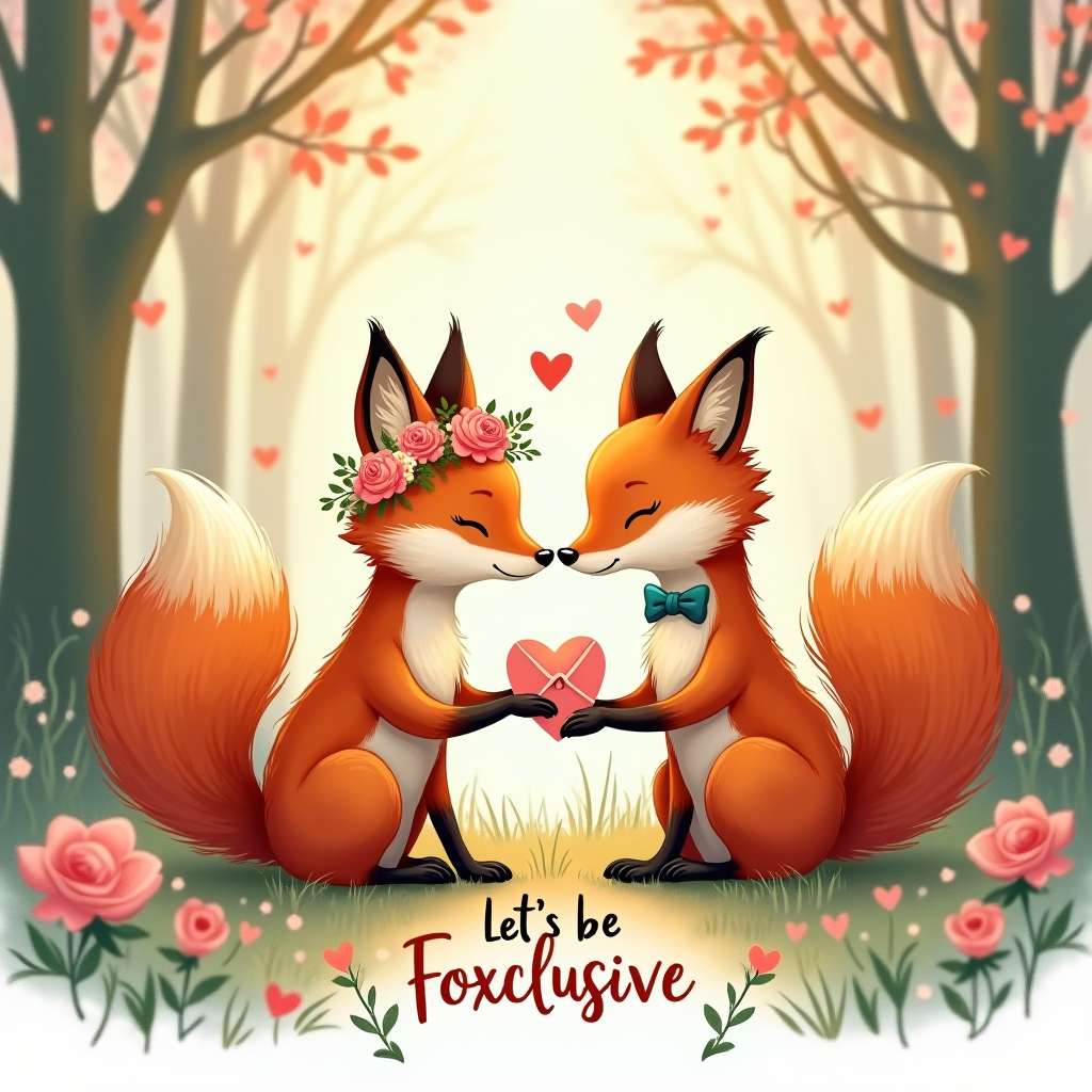 Romantic hand-drawn illustration with fine linework and textured brush strokes: a lady fox and a gentleman fox in love, seated nose-to-nose in a cozy forest glade at golden hour. Their big fluffy tails sweep up and curl together to form a heart framing them. The vixen wears a tiny flower crown (blush peonies, baby’s breath), the tod a small teal bow tie; their paws gently touch as they hold a tiny envelope sealed with a heart. Warm, expressive color palette: russet and cinnamon fur, blush pink, coral, dusty rose, warm cream, sage green, muted teal, with soft gold sparkles. Balanced composition centered on the heart-shaped tails; dreamy bokeh fairy lights in the background, dappled glow, subtle paper grain, watercolor-and-gouache texture, delicate cross-hatching on fur, soft vignette, cute and tender expressions, romantic mood, minimal background clutter.

Include a small hand-lettered caption at the bottom center in creamy white ink: Let’s be foxclusive.
Generated with these themes: A lady fox and man fox in love, cute , and .
Made with ❤️ by AI.