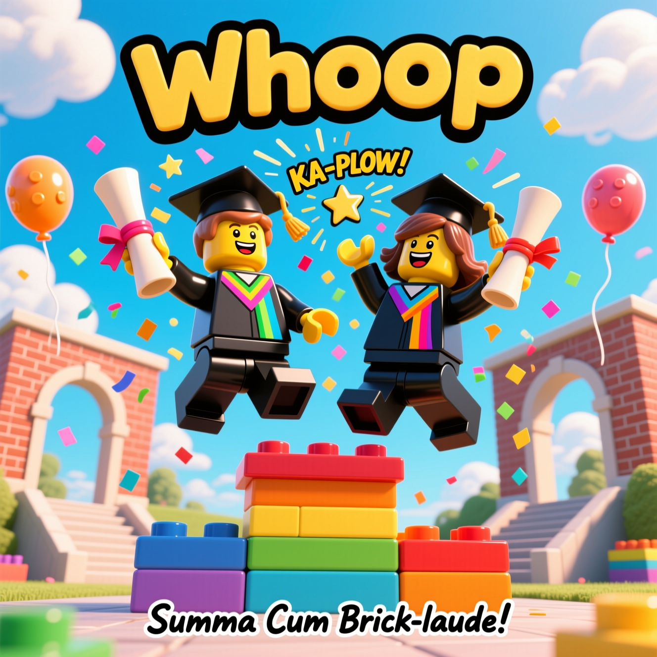 At the top of the Cartoon Style image, Whoop

A bold, funny, full-bleed cartoon scene: two LEGO-style toy minifigures (one boy, one girl) in swishy black graduation gowns with colorful sashes, wearing mortarboard hats, each proudly clutching oversized rolled certificates tied with bright ribbons. They’re mid-jump atop a chunky, rainbow stack of toy bricks shaped like a podium, striking exuberant, celebratory poses. One hat is flying off with zippy motion lines; confetti bursts and star-shaped sparkles explode around them like a comic “KA-POW!” moment. Exaggerated proportions, thick inky outlines, bright saturated primaries, glossy plastic sheen, and bouncy, energetic body language. Background: a whimsical brick-built campus arch and steps, sunny cyan sky with puffy clouds, balloons shaped like studs drifting by. Low-angle hero view for extra triumph; clean cel shading, crisp highlights, playful humor throughout.

Render the top text “Whoop” in chunky, 3D bubble letters with black outline and a cheerful drop shadow.

Add one small, cheeky bottom caption in hand-lettered style: “Summa Cum Brick-laude!”
Generated with these themes: Lego figurens boy and girl graduating clothes with hat holding certificate , and .
Made with ❤️ by AI.