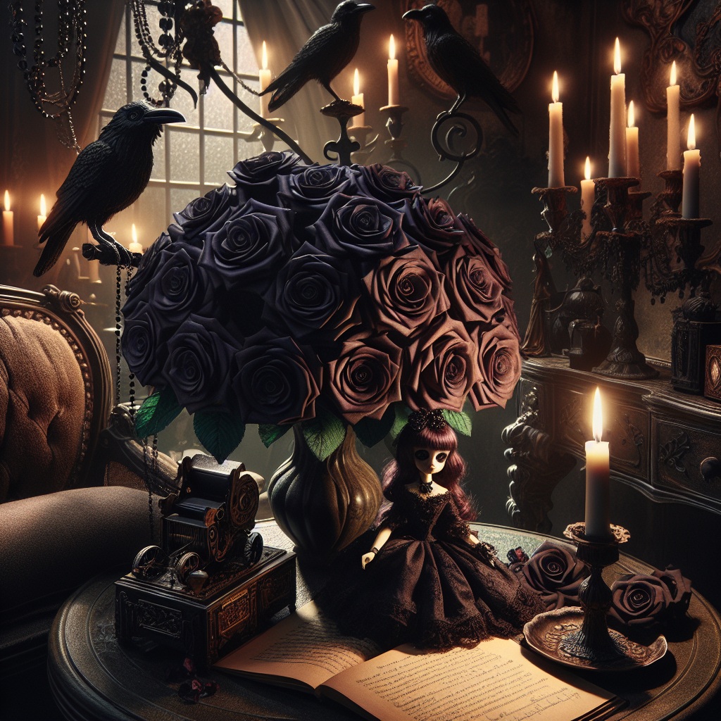 Visualize a romantic, realistic anniversary scene under the gentle illumination of candlelight, which casts mesmerizing shadows across the room. In one corner, a detailed, vintage doll sits next to a bouquet of deeply hued black roses, representing an everlasting bond. The lush, velvety texture of the roses provides a striking contrast against the Gothic ravens perched on top of the intricate, shaded furniture. The air is thick with the somberly romantic melodies of classical music, creating an atmosphere that is mysterious yet loving. All these elements merge together to honour a love as deep and multi-layered as the prevailing Gothic aura.
Generated with these themes: Goth, Ravens, Dolly, and Music.
Made with ❤️ by AI.