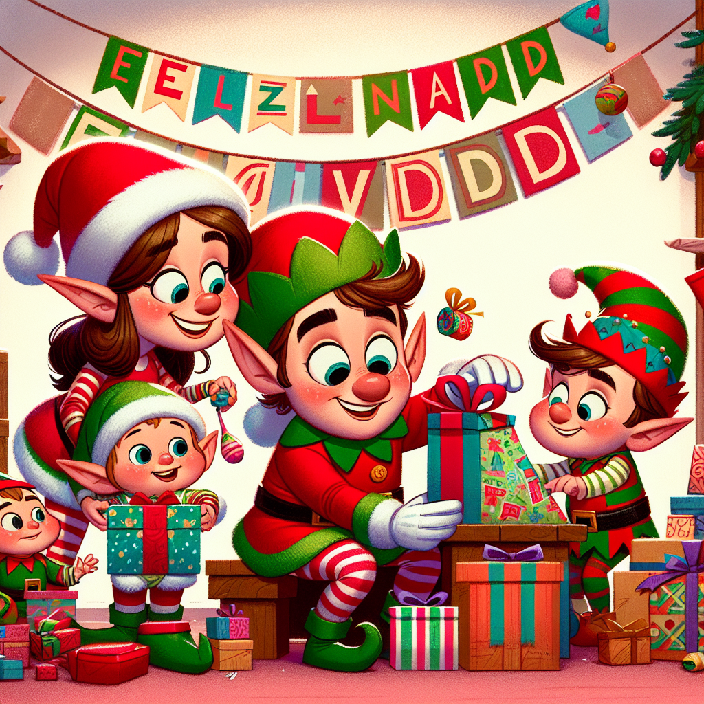 A humorous cartoon scene showcasing Santa's workshop where elf parents are juggling toys while their baby and toddler elves attempt to wrap presents. In the background, a banner with the greeting 'Feliz Navidad' is prominently displayed.
Generated with these themes: Family, Baby, and Toddlee.
Made with ❤️ by AI.
