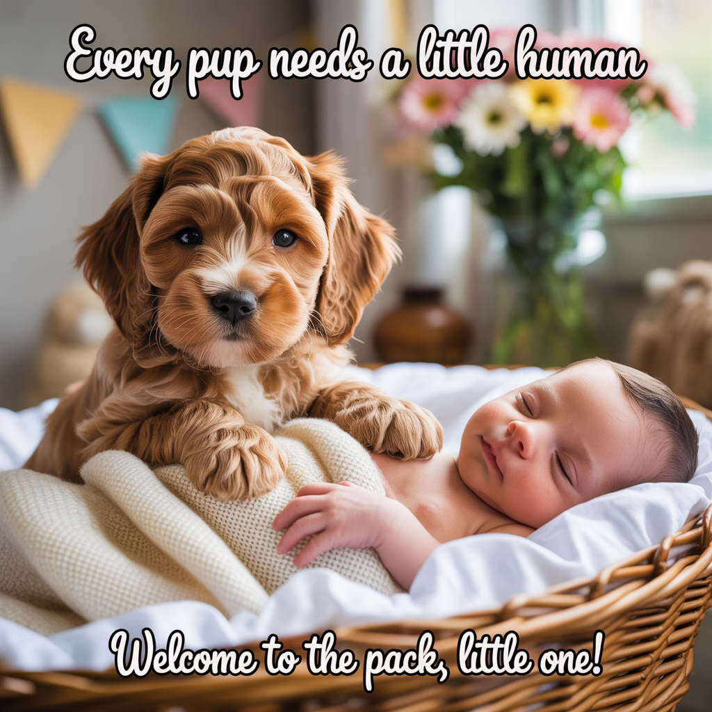 Here’s the prompt for your photorealistic greetings card image:  

---

Ultra-high-definition 4K UHD, photorealistic scene taken with a shallow depth of field and soft natural daylight filtering through a nursery window. In the foreground, a fluffy brown cockapoo puppy sits proudly beside a sleeping newborn baby wrapped in a cream knit blanket inside a wicker bassinet. The cockapoo’s head is tilted with big, soulful eyes as if guarding its new best friend. The baby’s tiny hand is resting gently on the puppy’s fur. Warm, cozy tones with lifelike textures of fur, fabric, and skin. Bokeh background showing blurred pastel bunting and a vase of fresh daisies.  

At the top of the image, in a playful handwritten-style font:  
**"Every Pup Needs a Little Human"**  

At the bottom of the image, in smaller soft script:  
**"Welcome to the pack, little one!"**  

---  

Do you want me to also give you **three alternative punchline options** so you can pick the one that feels cutest for the card?
Generated with these themes: Brown cockapoo , and .
Made with ❤️ by AI.