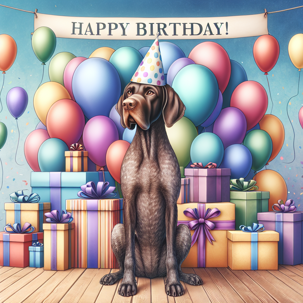 Imagine a whimsical cartoon scene featuring a slender, liver-brown coated German Shorthaired Pointer at the center of attention. This adorable dog is wearing a party hat and is seated next to a towering pile of vibrantly wrapped presents. Floating balloons fill the air above, bobbing and swaying as if in a playful dance. A banner is artfully suspended across the scene, with the words 'Happy Birthday!' printed on it, adding a fantastic celebratory ambiance to the setting.
.
Made with ❤️ by AI.