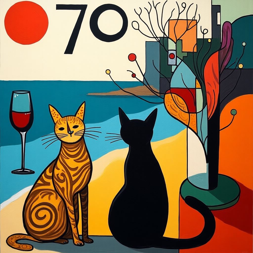 2 cats one tabby and one black, Shopping, Wine, Corfu beach, and 70 Birthday Card