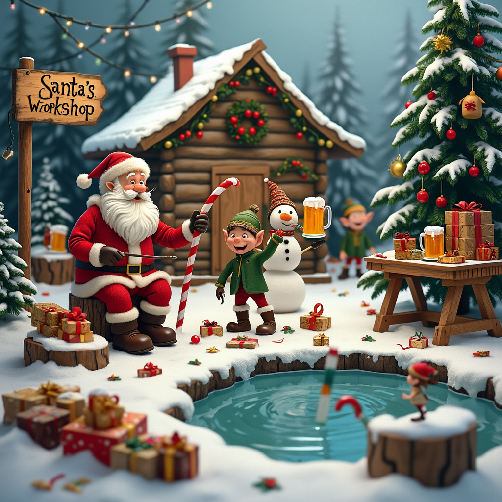 Picture this quirky and detailed Christmas scene set in a cozy, snow-covered forest clearing. The scene features a rustic wooden cabin, with Christmas lights twinkling around the eaves and a wreath on the door. Outside the cabin, there's a wooden signpost reading "Santa's Workshop" in playful, hand-painted letters.

In the foreground, Santa Claus, sporting a bright red flannel shirt, is multitasking like a pro. He's seated on a wooden stump, whittling a toy boat with a carving knife. The boat is intricately detailed with small, etched lines indicating wood grain, and half-painted in festive red and green. Beside Santa, a trusty reindeer stands with an exaggerated look of concentration, holding a paintbrush in its mouth, helping to add the finishing touches to the toy.

To the left of the scene, an ice fishing hole has been cut into a nearby frozen pond. An elf, dressed in a green coat and hat, is fishing with an ornate candy cane fishing rod. Instead of catching fish, however, he’s pulling up festive, gift-wrapped presents from the hole, each one tied with bright, contrasting ribbons in red, gold, and green.

On the right side of the scene, a wooden workbench is set up under a large pine tree decorated with oversized ornaments and garlands. The workbench is strewn with a mix of tools—hammers, saws, and chisels—alongside an assortment of half-finished wooden toys. 

Standing next to the workbench is a jovial snowman, sporting a beer mug in one twig hand, foam spilling over the top. The snowman has a large carrot nose, button eyes, and wears a top hat with a sprig of holly. Several more beer mugs are scattered around the base of the tree, suggesting an ongoing, merry Christmas celebration.

In the background, a series of other elves are engaged in various activities: one is chopping wood with a tiny axe, another is carrying a stack of logs, and yet another is carefully placing a star atop the Christmas tree with the help of a ladder. 

Above the entire scene, a sky full of twinkling stars and a crescent moon complete the picturesque setting, with a sleigh and reindeer silhouette faintly visible against the night sky, ready for Santa’s Christmas Eve journey.
Generated with these themes: Fishing, woodworking, beer.
Made with ❤️ by AI.