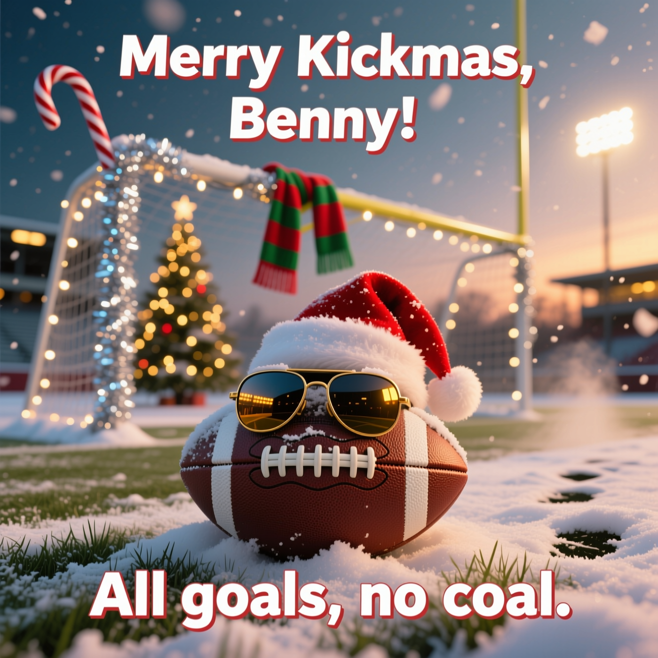 At the top of the Photorealistic picture taken from a camera image, "Merry Kickmas, Benny!"

At the bottom of the image, "All goals, no coal."

Ultra-high-definition 4K UHD, photorealistic, funny Christmas scene: a low-angle, pitch-level shot at dusk on a snowy football field. Foreground: a classic stitched leather football dusted with fresh snow, wearing oversized mirrored aviator sunglasses and a tiny tilted Santa hat. The sunglasses reflect warm stadium fairy lights and a blurred Christmas tree beyond the goal. The goalpost is wrapped in silver tinsel and warm-white fairy lights; a candy-cane striped corner flag glows in soft bokeh. Red-and-green scarf draped over the crossbar, faint player bootprints leading away. Light flurries falling, crisp frost crystals on grass blades, visible breath mist in the cold air. Accurate lighting with golden rim light from stadium lamps, soft shadows, lifelike textures and reflections. Shallow depth of field for rich bokeh and depth, 85mm lens, f/1.8, ISO 200. Bold headline and punchline in frosted white with a subtle red outline, clean sans-serif, slight drop shadow for readability, positioned in the negative space top and bottom. No brands or logos.
Generated with these themes: Football, Sunglasses, , and .
Made with ❤️ by AI.