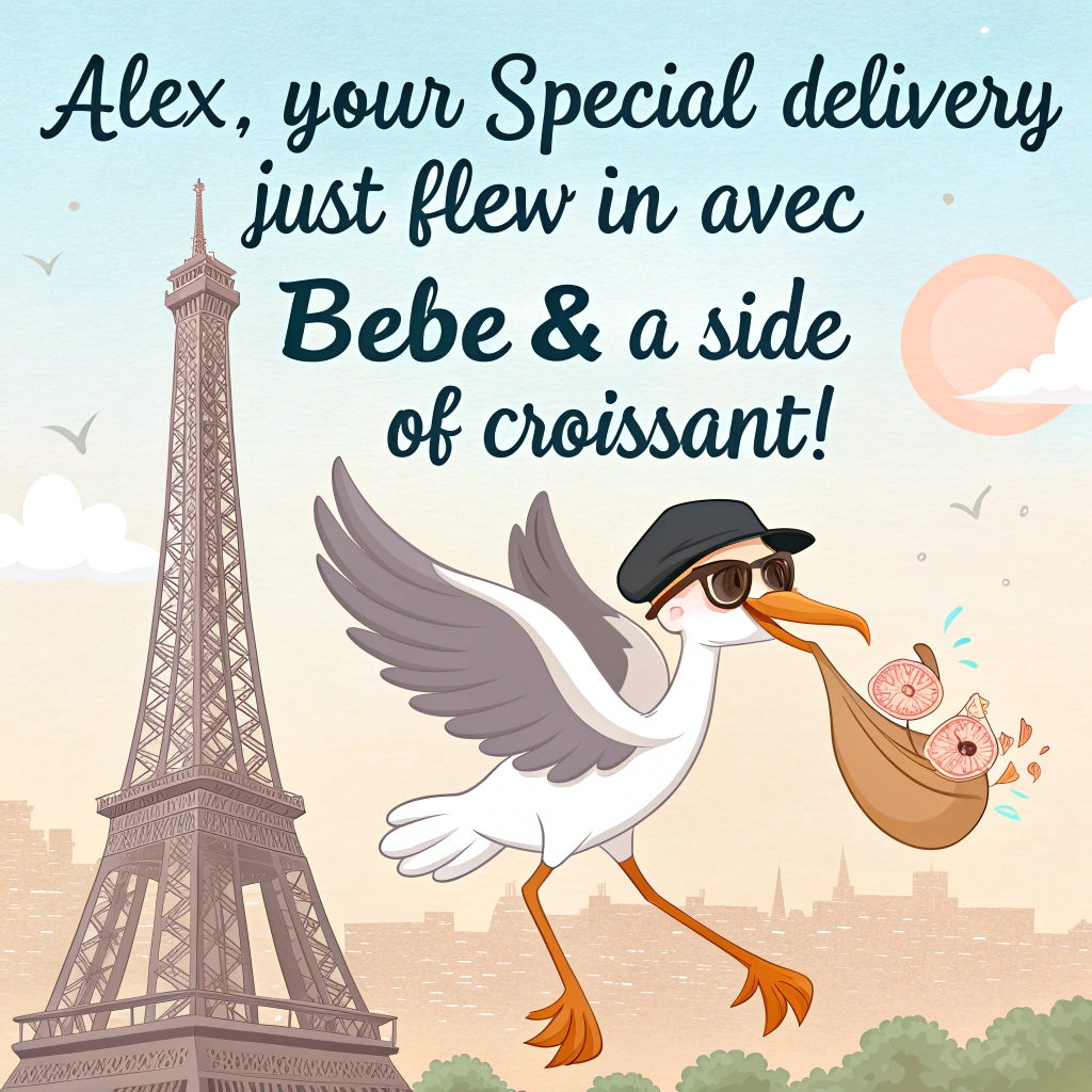 At the top of the image, "Alex, your special delivery just flew in—avec bébé & a side of croissant!"

- In the center of the image, depict a whimsical cartoon-style stork flying over the Eiffel Tower.  
- The stork is wearing a chic French beret and stylish round sunglasses, holding a flaky croissant in its beak.  
- Attached to the stork’s legs is a soft cloth bundle, humorously patterned like a baguette, gently swinging with a giggling baby peeking out.  
- The Eiffel Tower below is adorned with a string of tiny baby clothes (booties, bibs, onesies) flapping like bunting between the iron struts.  
- Add puffy, heart-shaped clouds around the scene and subtle pastel hues for a joyful baby-themed mood.
Generated with these themes: flying stork wearing a beret with a croissant in it's mouth flying near eiffel tower.
Made with ❤️ by AI.