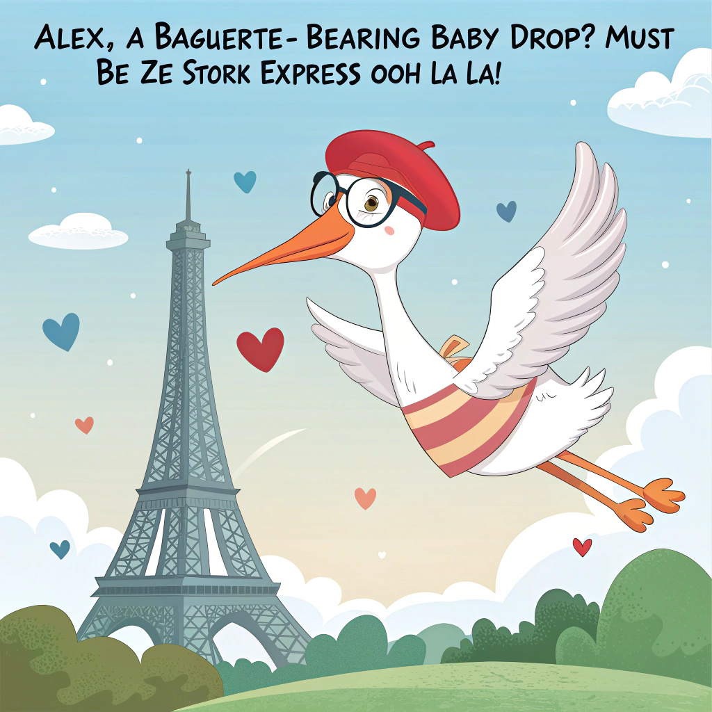 At the top of the image, "Alex, a baguette-bearing baby drop? Must be ze stork express – ooh la la!"

- Feature a cartoon-style stork wearing a jaunty red beret and stylish sunglasses, flying confidently past the Eiffel Tower.  
- The stork has a perfectly toasted croissant dangling from its beak and a baby bundled in a stripy French blanket in its talons.  
- The Eiffel Tower should be charmingly illustrated in vector style, with fluffy clouds shaped like hearts floating in the sky.  
- The stork’s satchel has a “Très Nouveau!” baby delivery label with a rubber stamp of approval.
- Below the scene, add “Congratulations on your petit miracle – may your sleep be as flaky as that croissant!”
Generated with these themes: flying stork wearing a beret with a croissant in it's mouth flying near eiffel tower.
Made with ❤️ by AI.