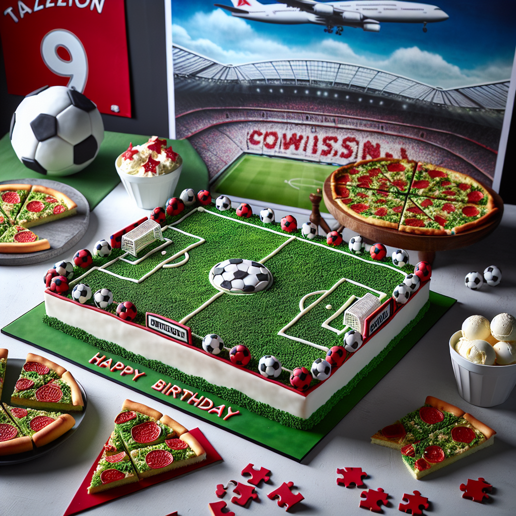 An engaging and lifelike birthday scene dedicated to football passion, featuring a cake skillfully designed to resemble a lush green soccer field, adorned with miniature footballs and a generic red logo at the center as a tribute to a popular football club. A large jigsaw puzzle sprawls across a table, its pieces shaping out the image of an exemplary stadium. Delectable slices of pizza are placed tidily on a serving dish near, their aroma merging with the sweet smell of vanilla ice cream, served in petite red cups matching the club colors. A large poster of an airplane adorns the background, signifying the birthday person's love for travel, completing the custom-made birthday theme.
Generated with these themes: Liverpool football, Jigsaw, Pizza , Vanilla ice cream, and Airliner .
Made with ❤️ by AI.
