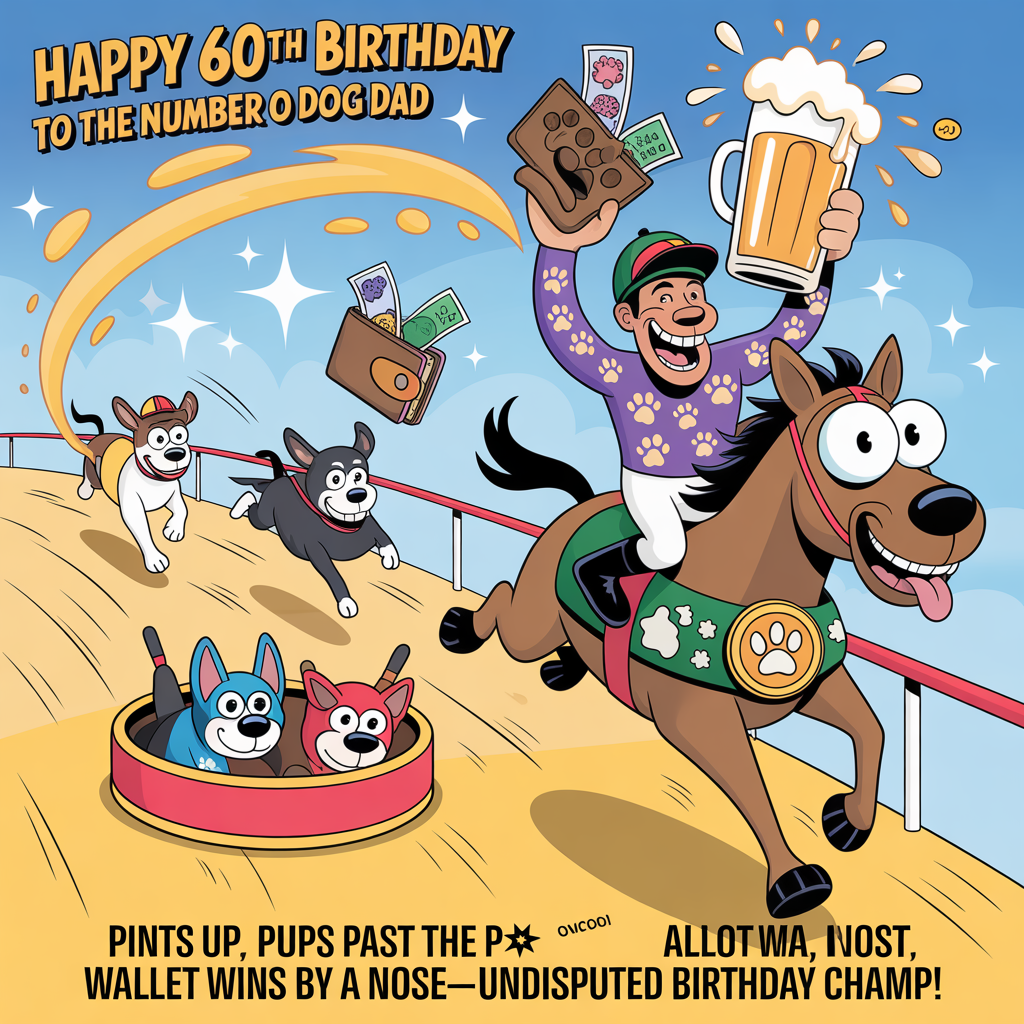 Horse racing, Beer, Dogs, Money, Wrestling, and Birthday Card