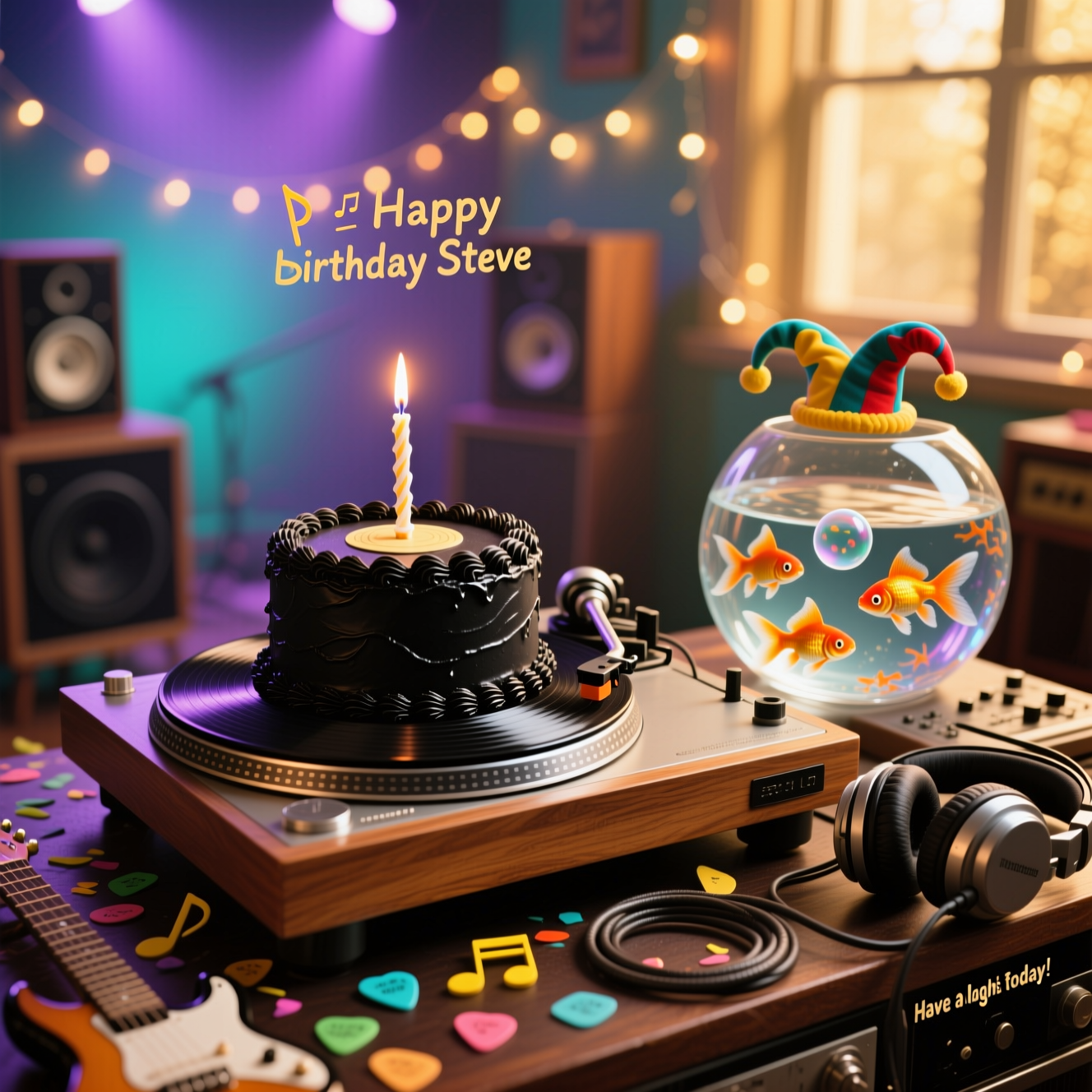 At the top of the Photorealistic picture taken from a camera image, Happy birthday Steve

Ultra-high-definition 4K UHD photograph of a warm, cozy vintage listening room at golden hour. Center stage sits a gleaming wooden turntable, but the “record” is a perfectly iced black birthday cake styled like a vinyl LP with subtle grooves; the tonearm is a tall birthday candle cleverly shaped like a tonearm, wick ready to “drop.” Beside it on the console, a crystal-clear fishbowl with a few bright goldfish peeking out, each wearing a tiny, playful jester hat—subtle nods to Marillion—one fish blowing a single musical-note bubble. Scattered around: music-note confetti, guitar-pick confetti, a coiled instrument cable, and a pair of well-loved studio headphones. Background bokeh from warm fairy lights with a soft teal-magenta stage-glow palette evokes a neo-prog gig ambiance. Accurate, natural window light mixed with tungsten string lights; lifelike textures of wood grain, frosting sheen, glass reflections, and gentle water ripples; rich depth of field with the cake and tonearm-candle crisply in focus and the fishbowl slightly softer. Captured from a real camera perspective, full-frame 50mm prime, f/1.8, ISO 200, true-to-life color, no logos or recognizable album art.

Add a small, cheeky caption at the bottom-right: Have a Marillion laughs today!
Generated with these themes: Marillion, and .
Made with ❤️ by AI.
