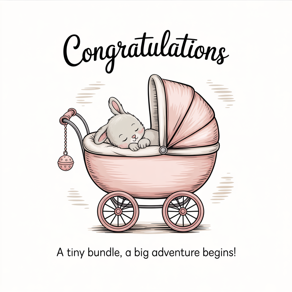 White background baby bunny pink in pram, and New-baby Card