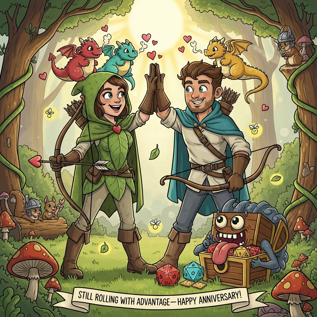 A DND theme of a ranger husband and wife in the woods with some dragons and a mimic, and Anniversary Card