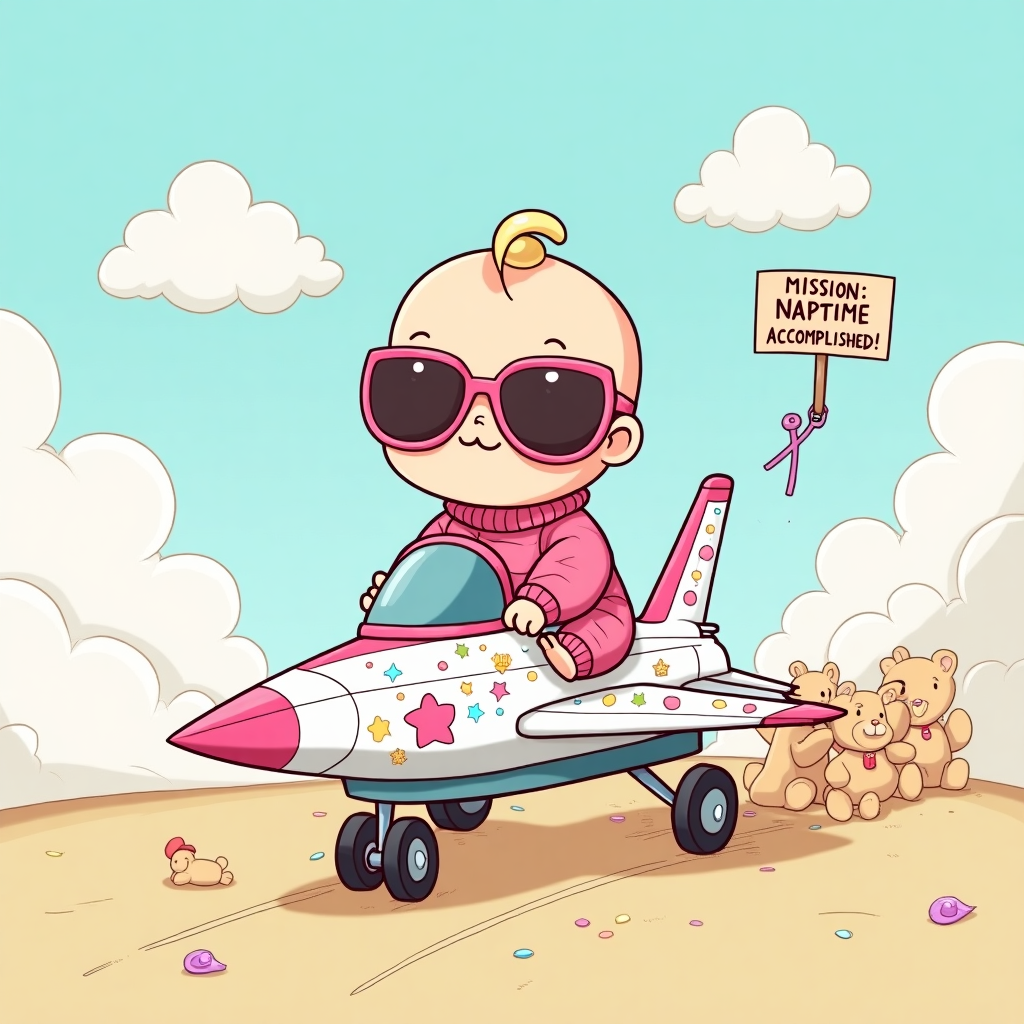 **Prompt:**

Cartoon-style illustration of a tiny, adorable baby girl wearing oversized aviator sunglasses and a pink flight suit, sitting confidently in the cockpit of a toy fighter jet covered in sparkles and pastel stickers. The jet is zooming (at crawling speed) along a baby play mat runway, leaving a trail of rattles, pacifiers, and confetti behind it. Fluffy cartoon clouds shaped like teddy bears float above, and a team of stuffed animals in tiny ground crew uniforms cheer her on from the sides with "Mission: Naptime Accomplished!" signs. Add fun facial expressions, soft bright colors, and lots of humorous, baby-themed details referencing Top Gun.
Generated with these themes: A cute scene from a top gun for a baby girl.
Made with ❤️ by AI.