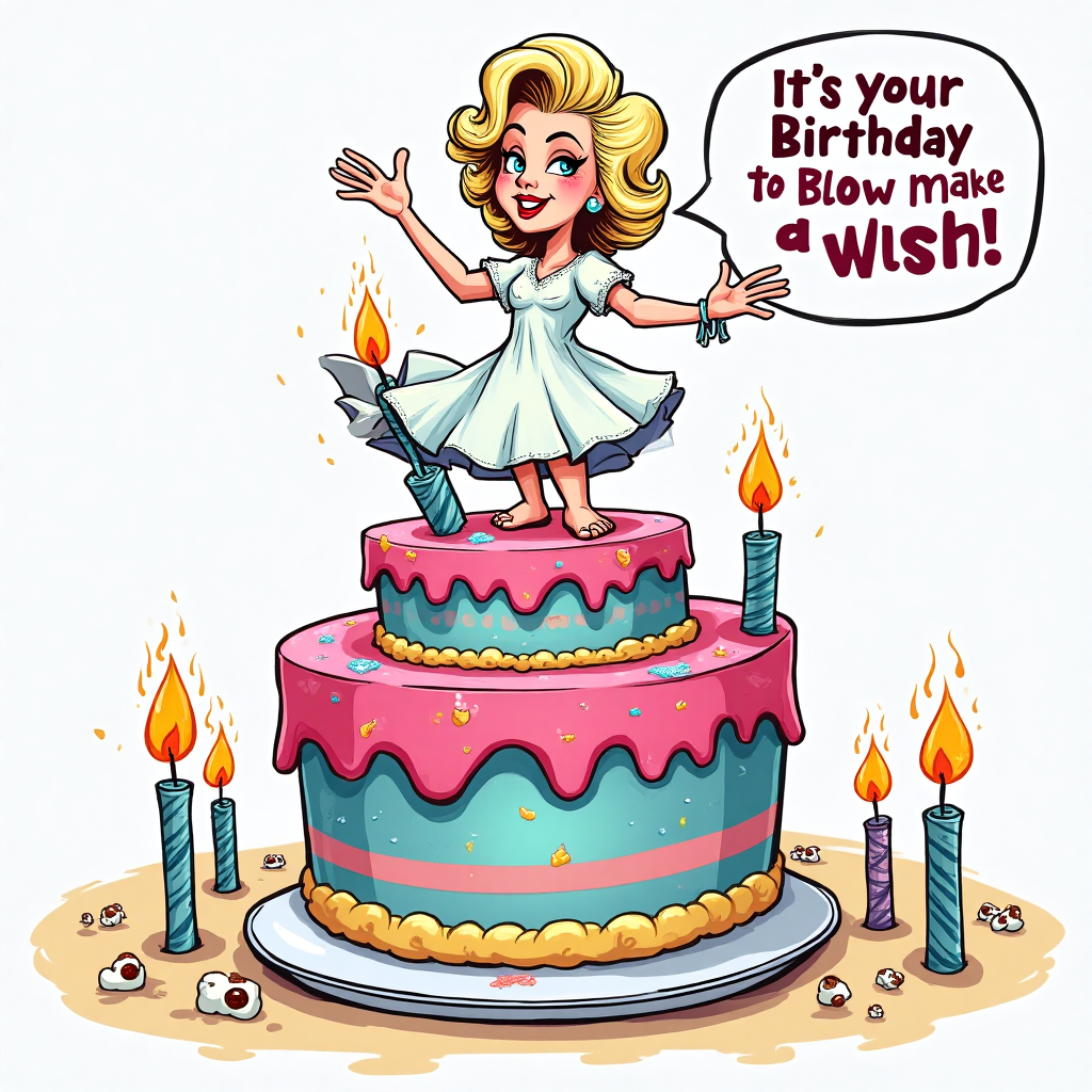 **Image Prompt:**

A playful cartoon scene with a cheeky twist. Picture Marilyn Monroe, drawn in a whimsical cartoon style with exaggerated proportions, standing atop a giant, tiered birthday cake. Her iconic white dress is billowing comically, but instead of its usual elegance, it's covered in frosting splatters. Her exaggeratedly large eyes are winking mischievously, and she’s striking a pose as if she’s about to sing "Happy Birthday." 

The cake is vibrant and colorful, with thick outlines and bright, saturated layers of pink, blue, and yellow, each layer teetering humorously like it's about to topple over. Around the cake, animated candles with googly eyes are dancing energetically, their flames flickering in exaggerated, cartoonish glee.

A small, cheeky caption floats at the top of the image in bold, bubbly letters: "It's Your Birthday – Time to Blow and Make a Wish!"
Generated with these themes: Marilyn Monroe birthday cake, and .
Made with ❤️ by AI.