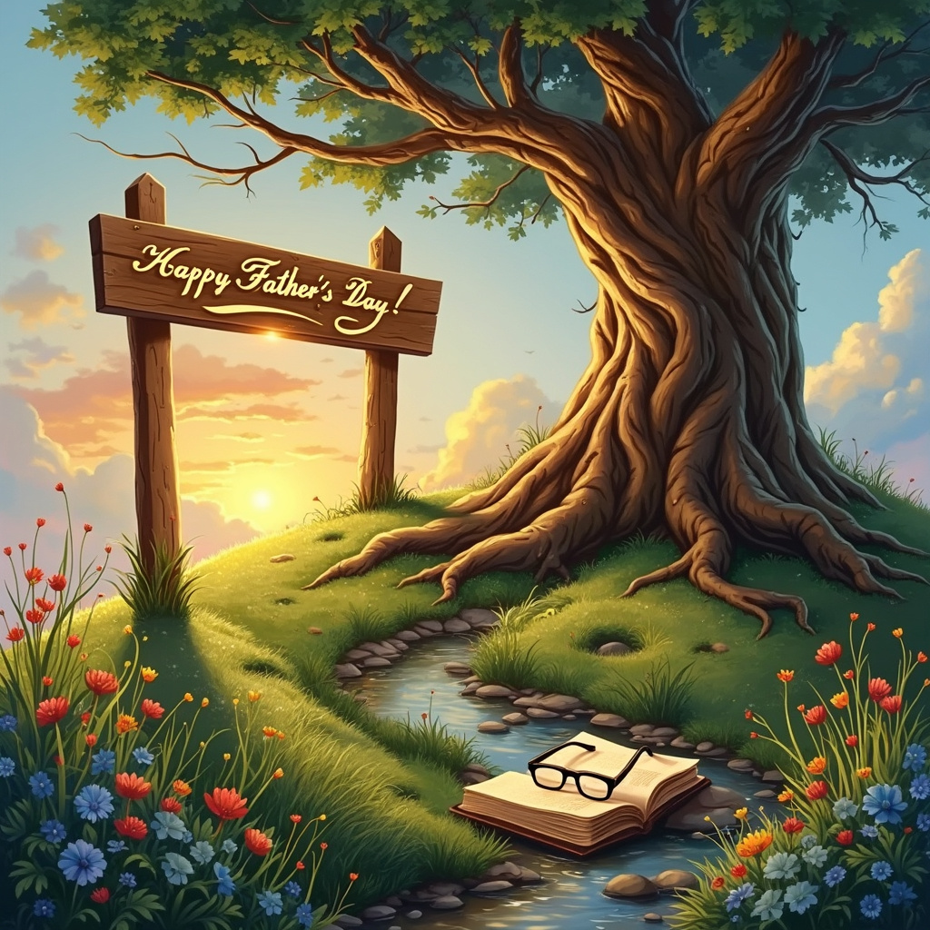 Strong oak tree standing tall on a hill, its roots deep in the ground, wwith a golden sunset in the background, symbolizing resilience and strength. Fathers-day Card