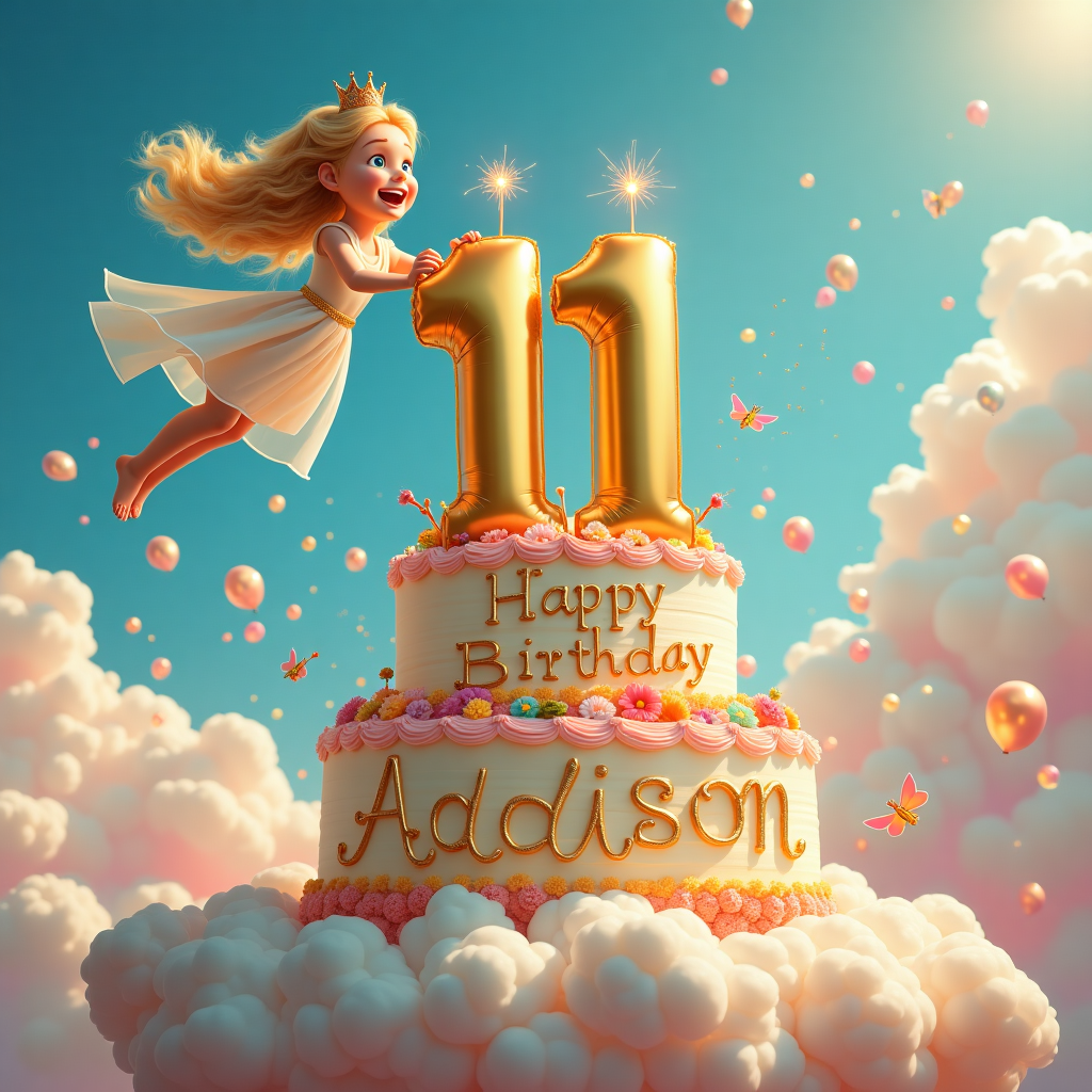 In the scene, imagine a vibrant, cloud-dotted sky where the whimsical antics of a birthday celebration unfold. The central focus is on a charismatic blonde princess named Addison, her golden locks cascading like rays of sunshine. She is gracefully perched, almost mid-flight, atop the towering numeral "11," which is crafted from shimmering gold balloons. Her expression is one of gleeful surprise, eyes wide and a smile stretching from ear to ear, as the number 11 appears to be caught in a gust of wind, sending it—and Addison—soaring perilously close to a massive birthday cake below.

This cake is a masterpiece of confectionery wonder, with three towering tiers wrapped in swirling pastel frosting. Each layer is adorned with delicate sugar flowers and playful, edible figurines of birds and butterflies. A magnificent cascade of sparkler candles adorns the top, sizzling with festive anticipation. Yet, the most delightful detail is the elegantly piped frosting inscription across the middle tier, reading "Happy Birthday Addison," with her name sparkling in edible gold dust.

Surrounding this joyous chaos are a flock of fluffy white clouds, their edges tinged with hints of pink and orange, as if blushing in the glow of the celebratory sun. The clouds themselves have been mischievously crafted to form the letters of Addison’s name, a playful nod from the sky above. Below, a kaleidoscope of balloons drifts freely, each one shimmering with reflective rainbow hues, casting prismatic patterns on the cake below. As the scene encapsulates the thrill and wonder of a birthday adventure, the photographer captures it all with a sense of enchanted chaos, where every element tells a unique part of Addison's birthday story.
Generated with these themes: Blonde Princess addison flying on number 11 with smile of face almost crashing into large birthday cake.
Made with ❤️ by AI.