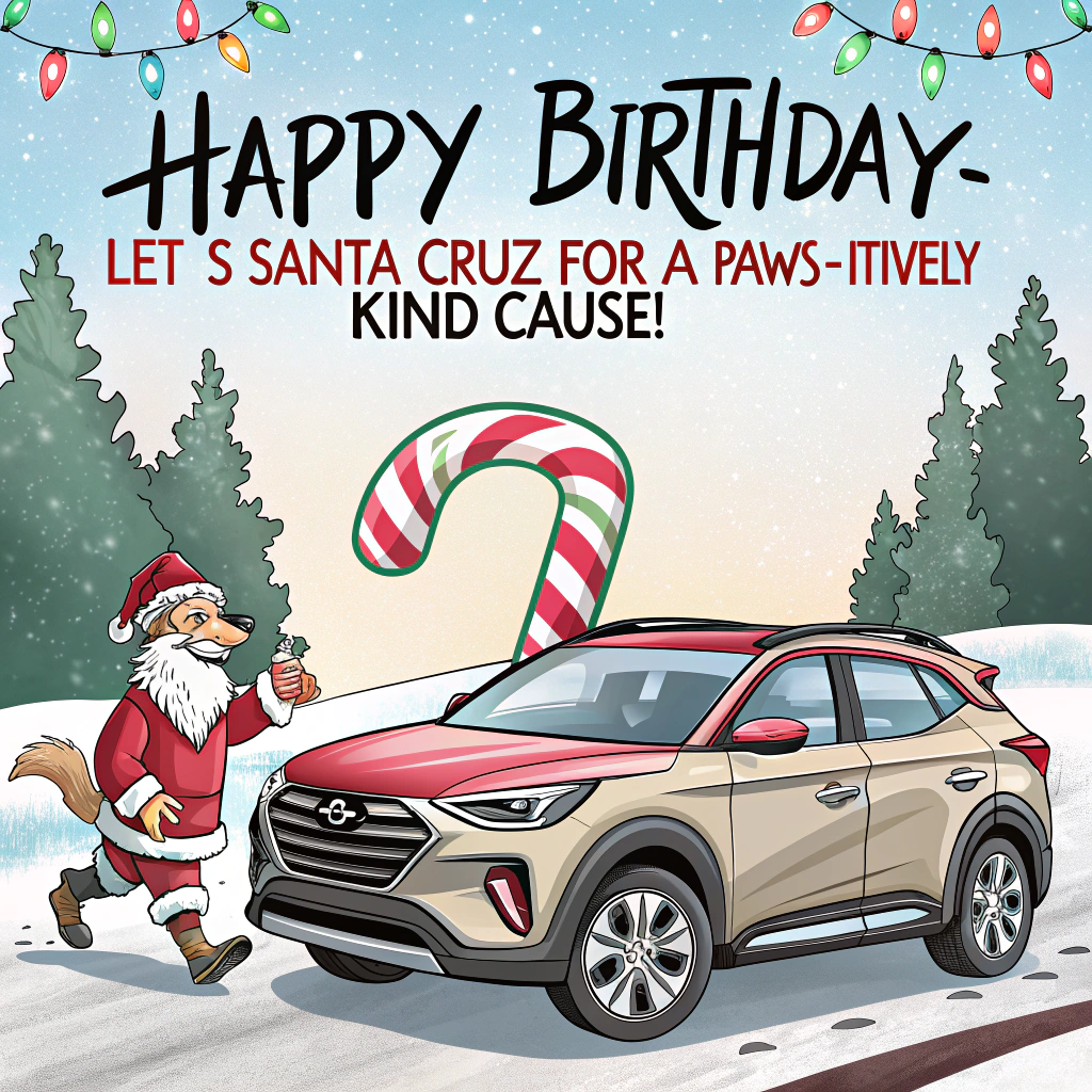 At the top of the image, big bouncy candy-cane lettering with a chunky black outline: "Happy Birthday—let’s Santa Cruz for a paws-itively kind cause!"

- Playful cartoon scene with exaggerated proportions, thick outlines, bright saturated colors, and energetic, whimsical poses.
- Center: A festive, cartoon Hyundai Santa Cruz (compact pickup) in a three-quarter view, decked out like a sleigh—reindeer antlers on the roof, a shiny red “nose” on the grille, jingle bell string-lights wrapped around the body. Big cheerful “face-like” headlights and oversized, cartoony tires kicking up snow swirls.
- In the bed: a mountain of wrapped presents, teddy bears, cozy blankets, and canned goods, all with heart and star icons (no words). Ribbons and sparkles flying for motion.
- A fluffy blue-eyed husky dog in a Santa hat and striped scarf leans out the tailgate with a giant grin, pawing a gift toward a big donation bin shaped like a stocking with a heart emblem. Tail wag motion lines and little paw-print snowflakes in the air.
- Background: a cozy snowy street at dusk, twinkling holiday lights strung across, stylized townsfolk silhouettes happily reaching out, a snowman wearing earmuffs giving a thumbs-up. A birthday balloon tied to the side mirror and a cupcake with a candle perched on the dash for a birthday wink.
- Color palette: bold reds, icy blues, pine greens, sunny yellows, and crisp whites; strong shadows and highlights for punch.
- Composition: dynamic, slightly tilted angle, speed lines around the truck and husky, confetti-like snow and tiny hearts to emphasize giving and kindness.
- Only the single headline line of text; no other text anywhere.
Generated with these themes: Hyundai Santa Cruz, Christmas, Charity, Giving, Kindness , Husky dog, and .
Made with ❤️ by AI.