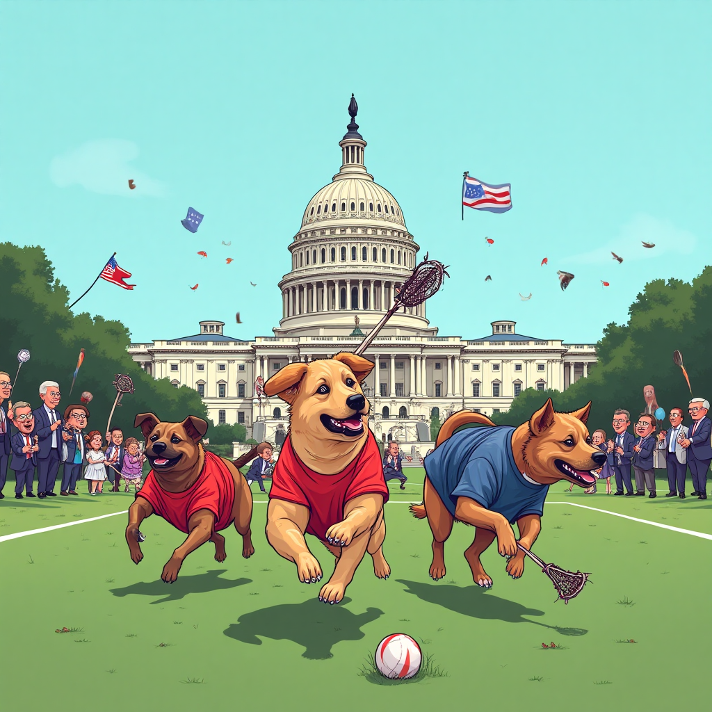 **Image Prompt:**

Create a vibrant and humorous vector-style illustration featuring a group of dogs engaging in a spirited game of lacrosse on a makeshift field set in front of the U.S. Capitol building. The dogs, of various breeds, wear colorful jerseys and sport exaggerated expressions of determination and playfulness as they chase after the ball. One dog, a Golden Retriever, leaps into the air with a lacrosse stick, capturing the ball triumphantly.

In the background, caricatured politicians are seen cheering and waving tiny flags, some with comically oversized glasses or ties, adding a satirical twist to the scene. The sky is clear blue, and the Capitol building stands proudly, rendered in clean, precise vector lines.

**Caption (on the image):**  
"Happy Birthday! May your year be a paws-itively wild ride!"
Generated with these themes: Dogs lacrosse politics, and .
Made with ❤️ by AI.