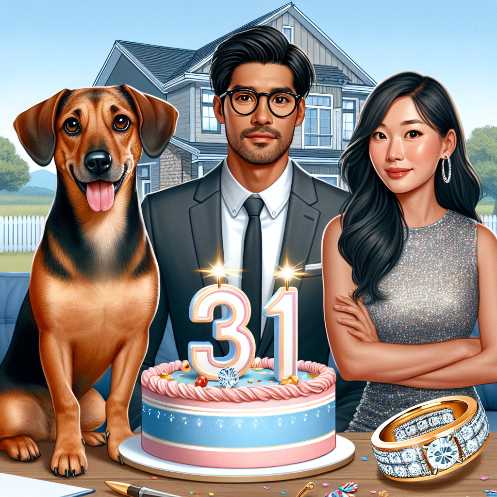 Create a lively birthday scene featuring a short-haired sausage dog sitting keenly next to a shimmering engagement ring. Behind them, there is a tall, Black man with glasses, a short beard, and dark hair standing in front of a newly built house, signifying a fresh start. A birthday cake showcasing the number 31 is at the center of the picture, boldly standing. An Asian woman, with long dark hair, tanned skin, and a glittery dress, enhances the festive mood, epitomizing the joyous celebration.
Generated with these themes: Short haired sausage dog, engagement ring, boyfriend with glasses and short beard and dark hair and tall, new home, birthday cake 31, and Sparkly dress, long dark hair, tanned skin, .
Made with ❤️ by AI.