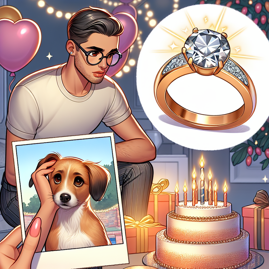 Short haired sausage dog, engagement ring, boyfriend with glasses and short beard and dark hair and tall, new home, birthday cake 31, and Sparkly dress, long dark hair, tanned skin, Birthday Card