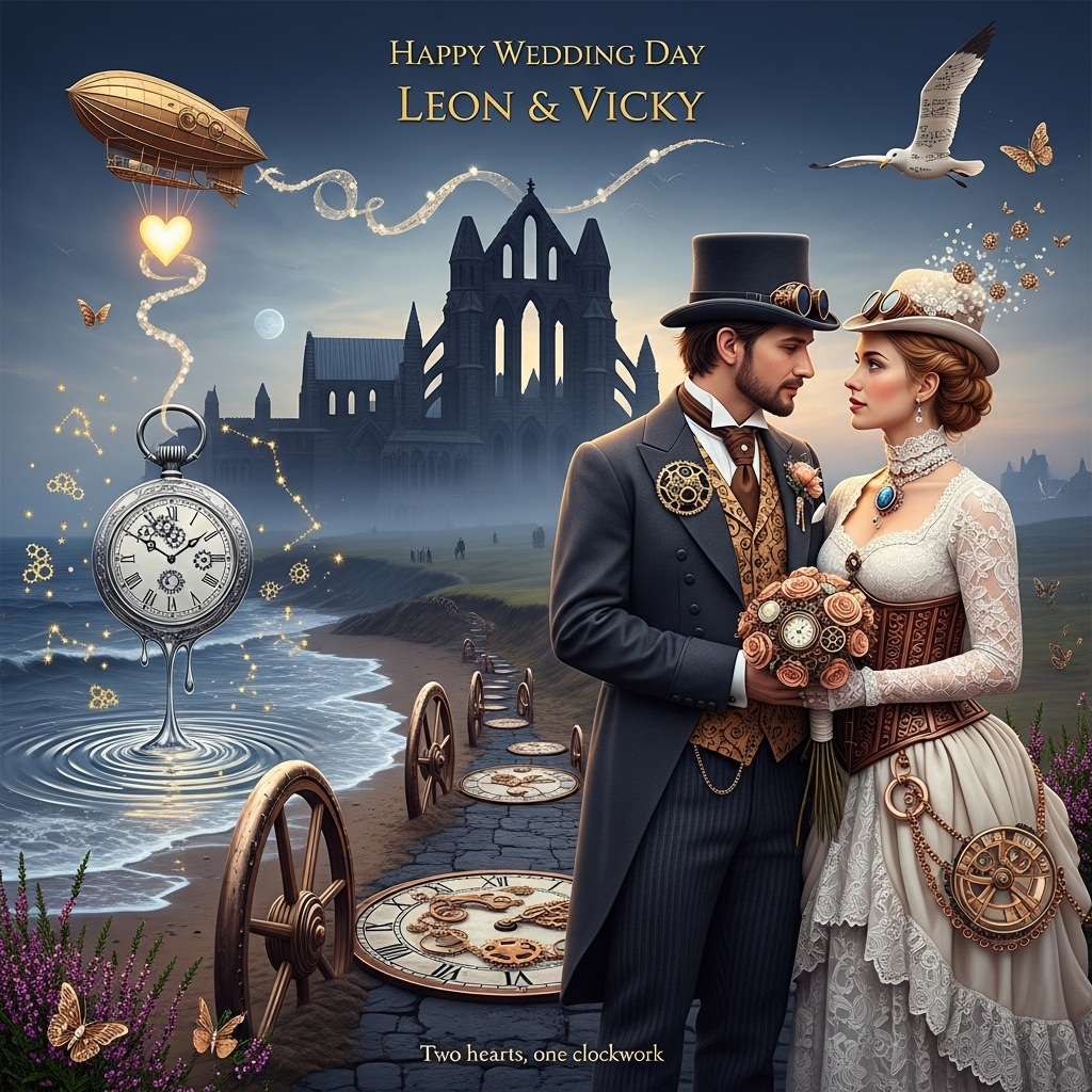 At the top of the Surreal Style image, Happy Wedding Day Leon & Vicky

Romantic, dreamlike surrealism in a Dali-inspired otherworld: On a moonlit, mist-swept Yorkshire headland, the silhouette of Whitby Abbey rises — jagged Gothic arches in inky black, edges softly liquefying like melting shadow. In the foreground, a man and woman in exquisite steampunk attire gaze tenderly into each other’s eyes, hands intertwined. He wears a charcoal Victorian tailcoat, brass waistcoat with tiny turning gears, and a top hat with polished goggles; she wears an ivory lace bustle dress with copper filigree corset, Whitby jet cameo, and a bouquet of clockwork roses whose petals slowly unfurl like spinning cogs. Warm lantern-glow illuminates their faces, casting elongated, lyrical shadows.

A silver pocketwatch moon drips into the sea, its molten light pooling into ripples; constellations sparkle as miniature gears; a heart-shaped brass zeppelin drifts overhead, trailing a ribbon of pearly steam that curls into a glowing heart. The path toward the Abbey is paved with oversized clockwork wheels half-buried in velvety sand; gulls sculpted from folded music score glide through ethereal haze; heather blooms morph into copper-laced butterflies.

Palette: moonlit indigo, antique gold, sepia-copper, soft rose highlights; ethereal volumetric light, gentle sea-mist, glossy reflections on wet stone, soft-focus vignette. Portrait composition with generous negative space above for the title; painterly textures, delicate bokeh, crisp yet dreamlike detail.

Subtle extra text (small, at the bottom in elegant brass script): Two hearts, one clockwork.
Generated with these themes: A man and woman dressed in steam punk outfits gazing into each others eyes in front of a silouette of Whitby Abbey, and .
Made with ❤️ by AI.