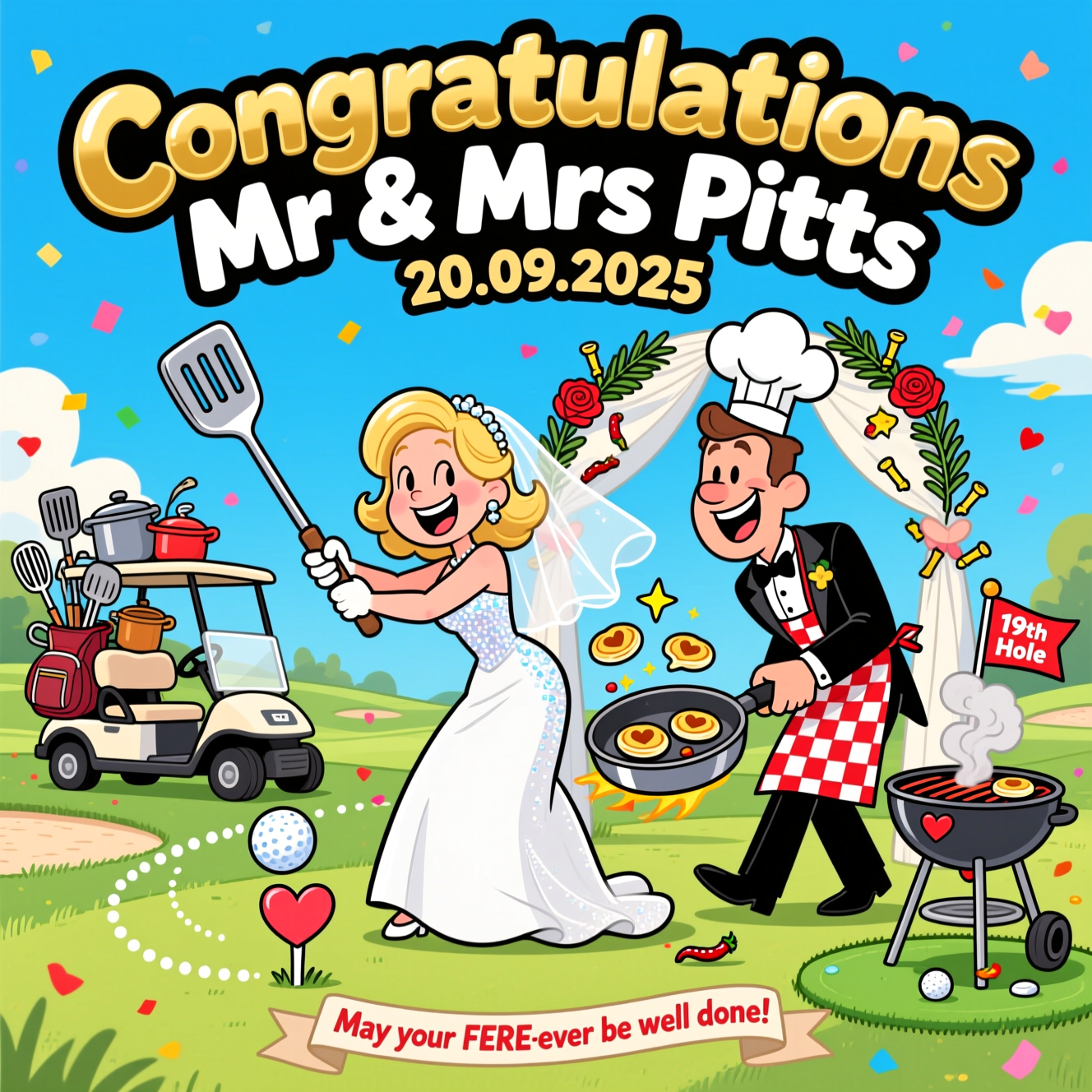 Golf , blonde bride , cooking, and Wedding Card