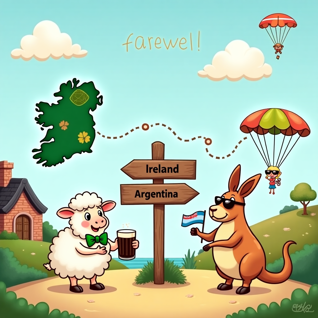 At the top of the cartoon image: **"See ya baa-r later, Sebastian—Off you hop to Oz!"**

**Prompt for image:**

A cute cartoon-style farewell scene full of vibrant colour and charm. In the foreground, a cheerful Irish sheep wearing a green bowtie is clinking a pint of Guinness with a happy kangaroo donning sunglasses and holding an Aussie flag. Between them stands a wooden signpost with three quirky arrows pointing in different directions: “Ireland” with a little shamrock, “Argentina” with a tiny tango dancer drawn beside it, and “Australia” with a bouncing roo icon.

In the background, an adorable cartoon-style map of Ireland waves goodbye with little dotted lines stretching toward a smiling map of Australia sunbathing with sunglasses. The Irish map has a patch of shamrocks and a small harp on it, while the Australian map is lounging on a towel under a beach umbrella. Both maps have big cute eyes and happy faces. An Irish flag gently waves near a cobblestone cottage, while an Aussie flag flaps by a golden sandy beach scene.

Above all this, cheerful clouds shaped like Guinness foam drift across the sky spelling "Farewell!" with little leprechauns parachuting down with eucalyptus leaves. The overall vibe is warm, cheeky, and adorably sentimental — perfect for saying goodbye in the most "aww-some" way!
Generated with these themes: Leaving Ireland, Irish map, Irish flag, Moving to Australia, Australian map, Australian flag, Drinking Guinness beer, Signpost with Ireland, Argentina and Australia, Farewell, Sheep, and Kangaroo.
Made with ❤️ by AI.