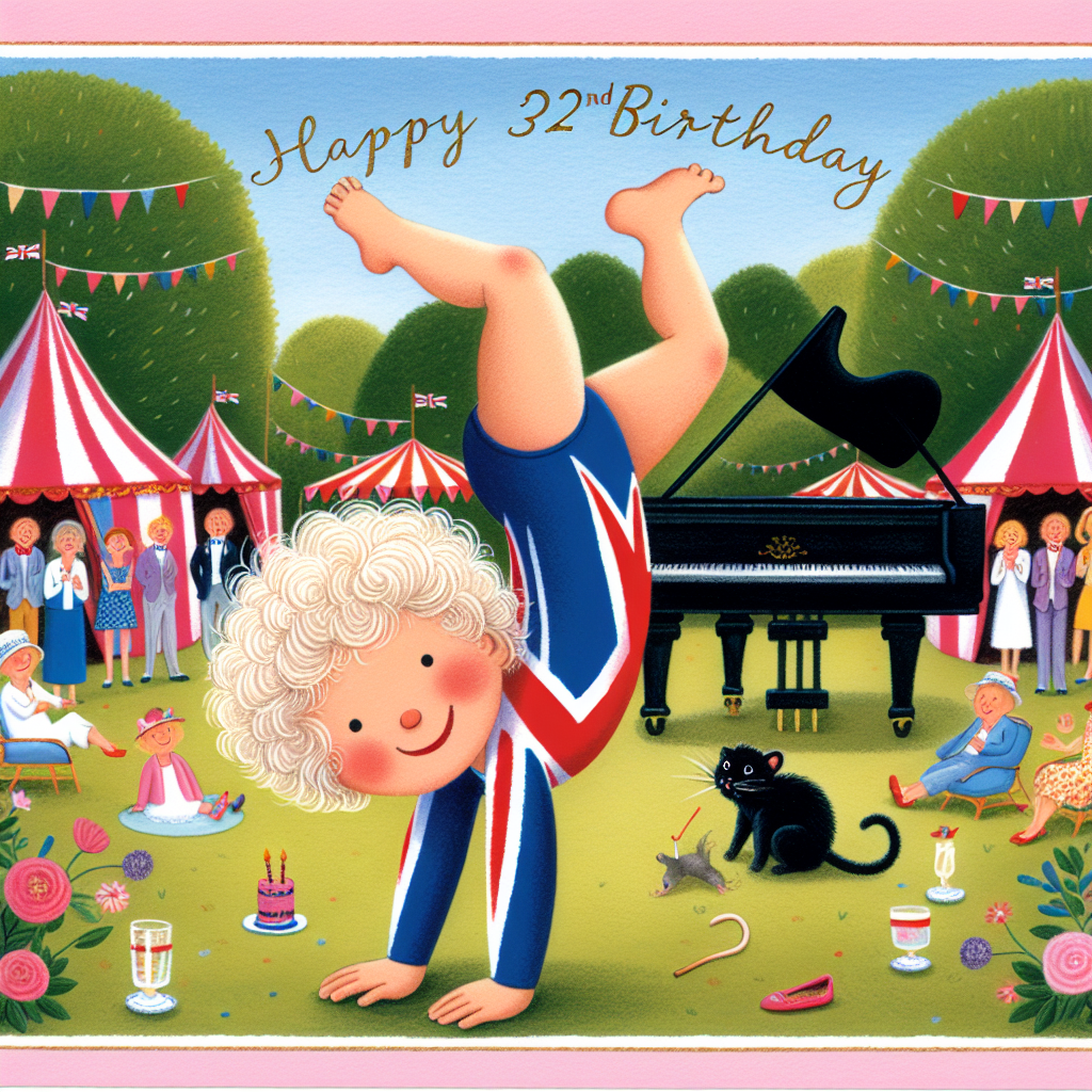 A whimsical celebration invitation with a playful illustration featuring a two-year-old Caucasian boy with curly, light hair doing a handstand while wearing a British gymnastics leotard. The setting is a vibrant summer fete in the Cotswolds, filled with cheery guests and vividly colored tents. Contributing a humorous touch to the scene is a black cat, curled up in one corner, boasting a caught mouse in its mouth. Behind the acrobatic feats, a majestic black grand piano implies a musical backdrop to the jovial 32nd birthday festivities.
Generated with these themes: Two year olf son with light curly hair, 32nd birthday, Team GB gymnastics, Black cat with a dead Mouse in its moutb, Cotswolds summer fete , and Black Grand Piano.
Made with ❤️ by AI.
