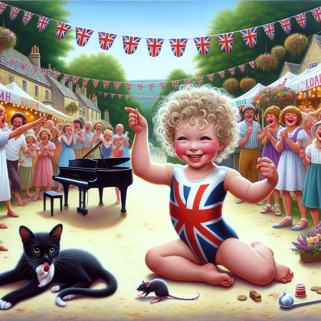 A whimsical birthday scene features a cherubic two-year-old with bouncy, light curls, dressed in a small Team GB leotard and striking an Olympic gymnast's pose. The backdrop is a lively summer fair in the English Cotswolds, embellished with stalls draped in bunting and cheerful, laughing people of all races and genders. In the midst of the merriment, a black cat nonchalantly carries a dead mouse, contrasting the child's innocence with a hint of dark humor. Nearby, a sleek black grand piano sits poised to deliver entertainment, adding a touch of sophistication to the festivities and marking the celebration of a 32nd birthday.
Generated with these themes: Two year olf son with light curly hair, 32nd birthday, Team GB gymnastics, Black cat with a dead Mouse in its moutb, Cotswolds summer fete , and Black Grand Piano.
Made with ❤️ by AI.