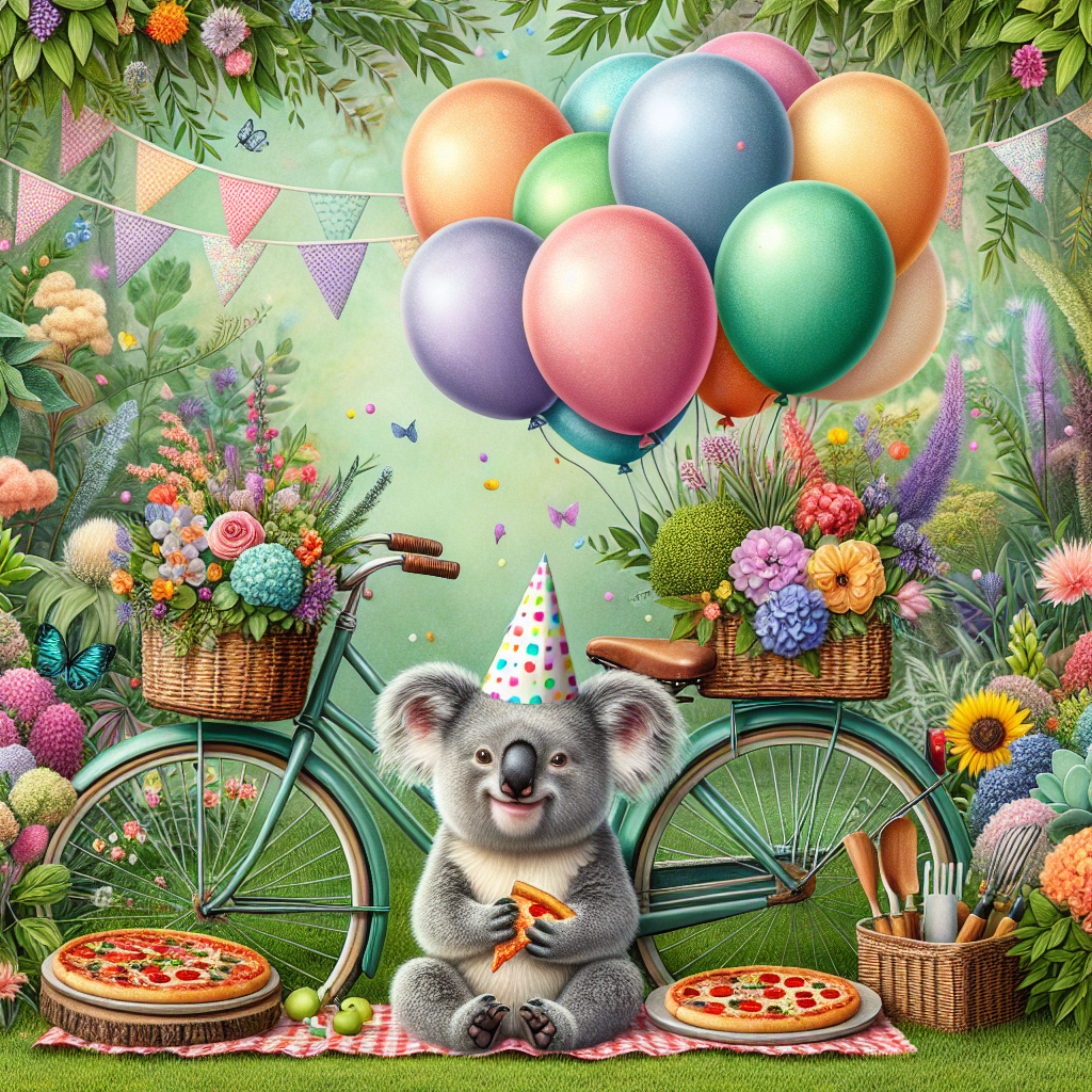 Create an image of a charming birthday scene featuring a smiling koala wearing a festive party hat. The koala is contentedly sitting on a vintage bicycle decorated with colorful balloons and streamers, surrounded by a verdant garden bursting alive with diverse flowers and plants. Nestled in the front basket of the bicycle, a variety of gardening tools are visible. Next to the bicycle on the grass, there is a picnic blanket with an enticing array of pizza slices, making it the ideal setting for a birthday celebration.
Generated with these themes: Koala, Bicycles , Gardening, and Pizza.
Made with ❤️ by AI.