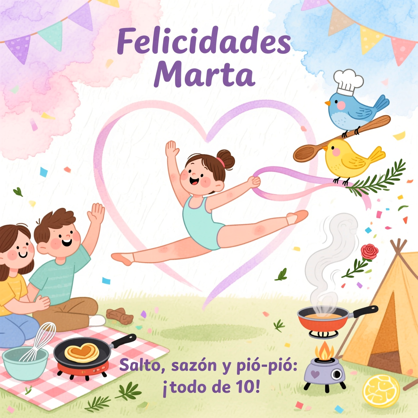 Gymnastics, meeting with friends, cooking, birds, and Congratulations Card